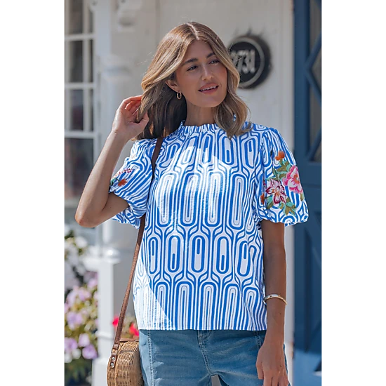 Aadhya Embroidered Puff Sleeve Blouse - Sky Blue