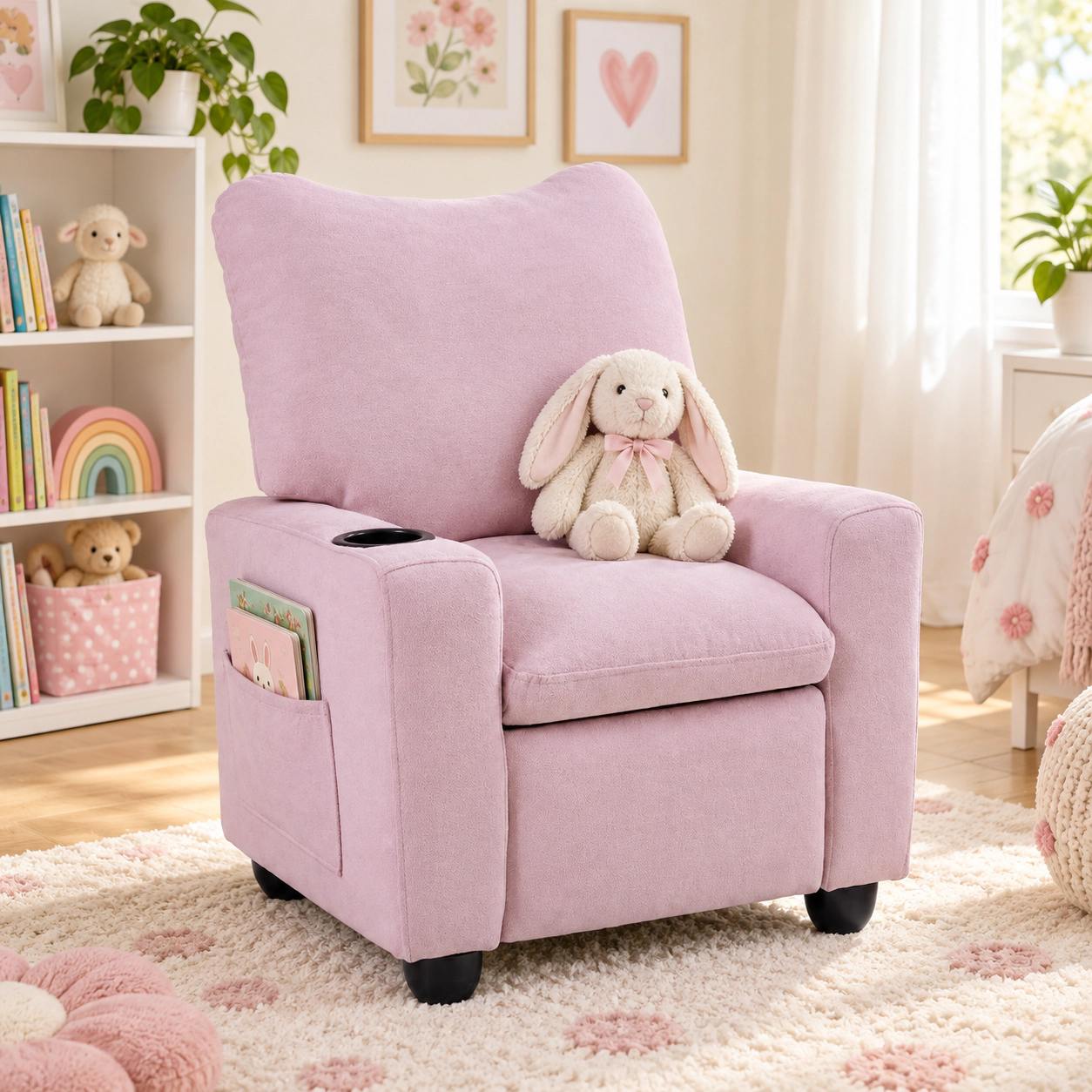 SUGIFT Kids Chenille Wide Armrests Cup Holder Push Back Recliner 24-in x 20.5-in x 30-in 150-lb Capacity Ages 3+ Pink