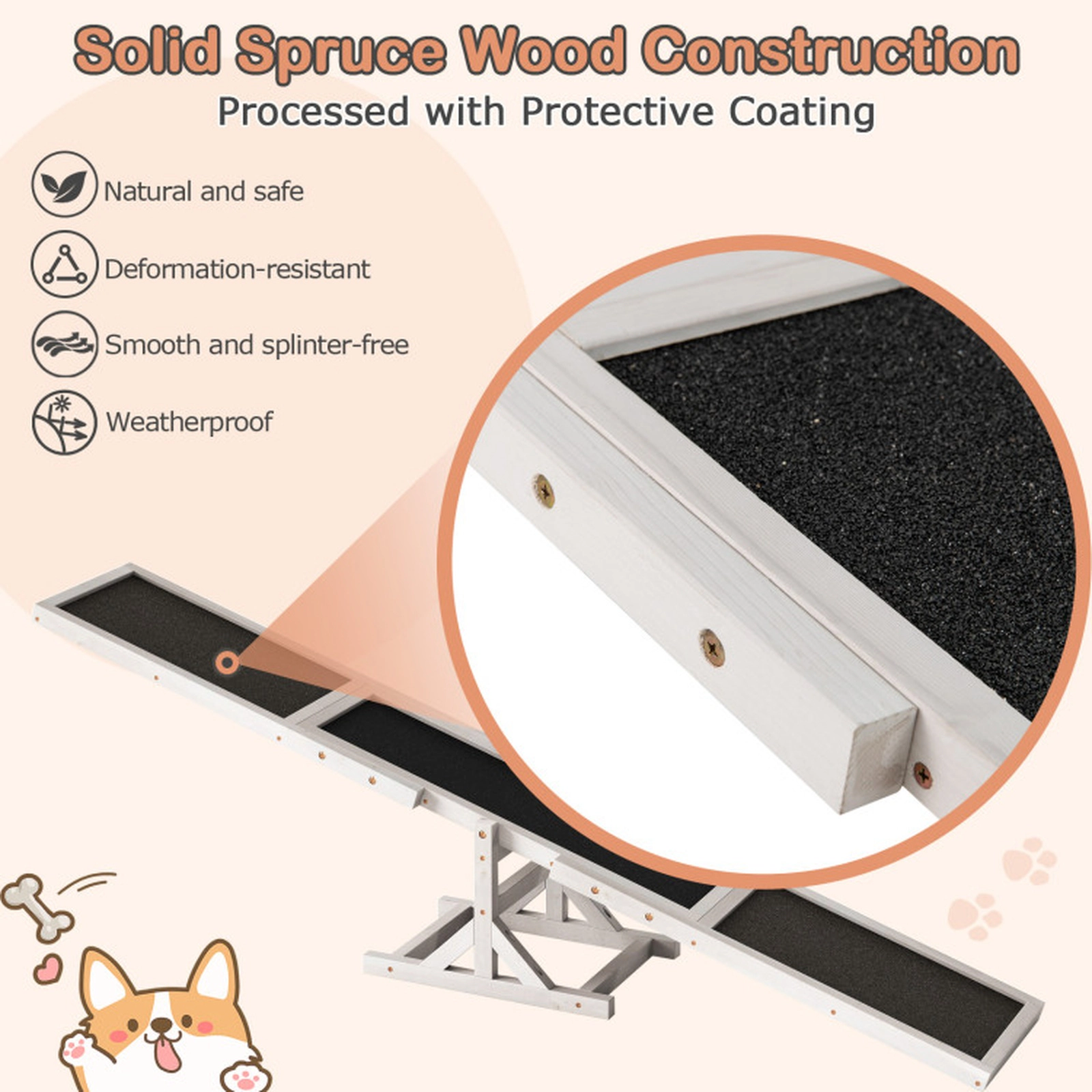 SUGIFT Wooden Dog Agility Seesaw Pet Bed and Training Ramp 66-lb Capacity Outdoor Obstacle Course Toy Gray/White