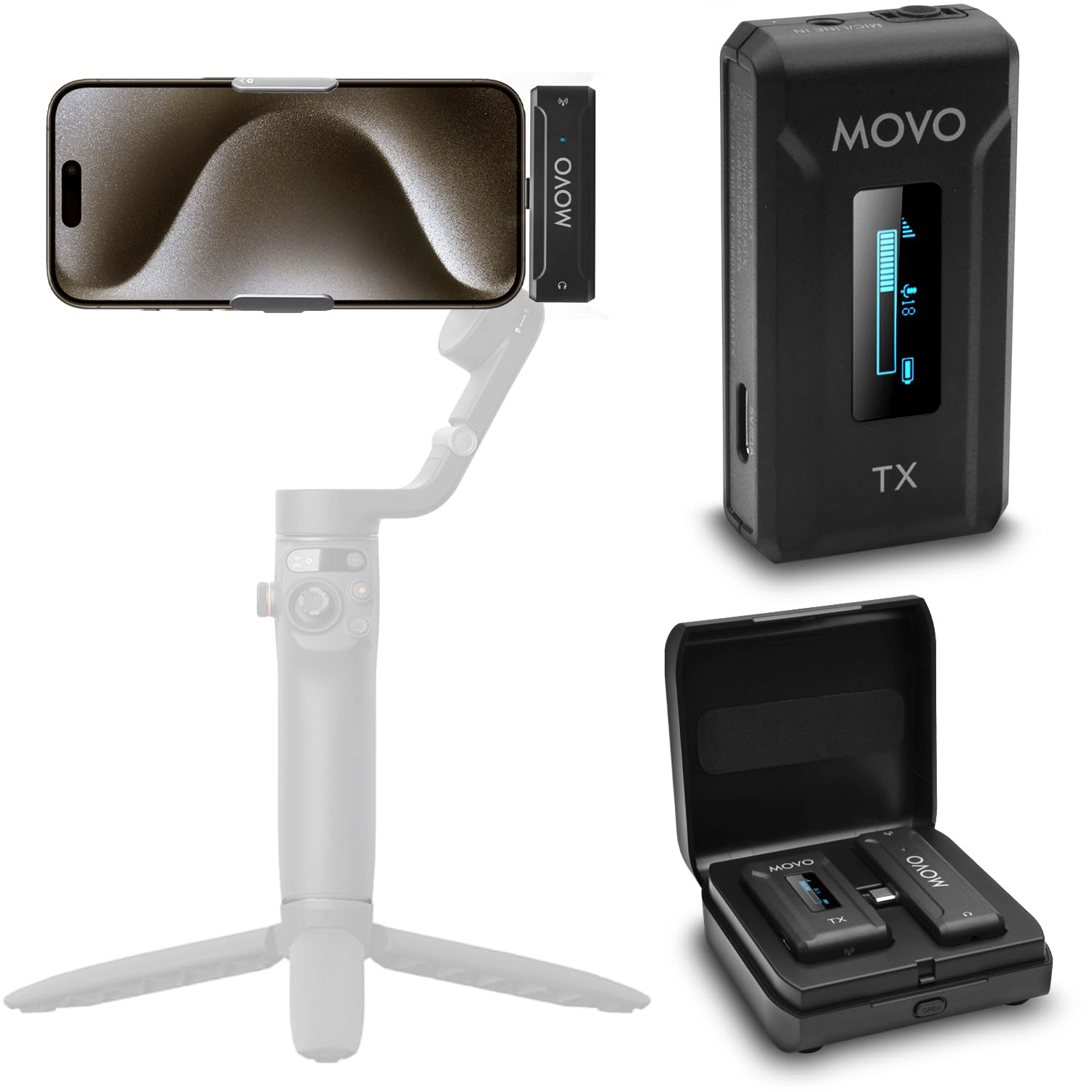Movo WMX-2-C Wireless Microphone for iPhone 15/16 with Charging Case - 7HR Battery Wireless Lavalier Microphone