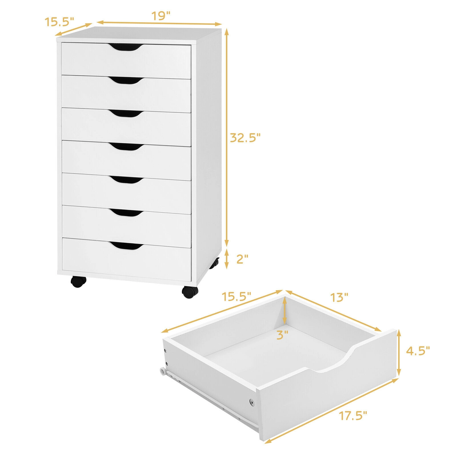 SUGIFT 7-Drawer MDF Engineered Wood Floor Cabinet Storage Dresser with Wheels 120-lb Capacity 19.5-in Wide White