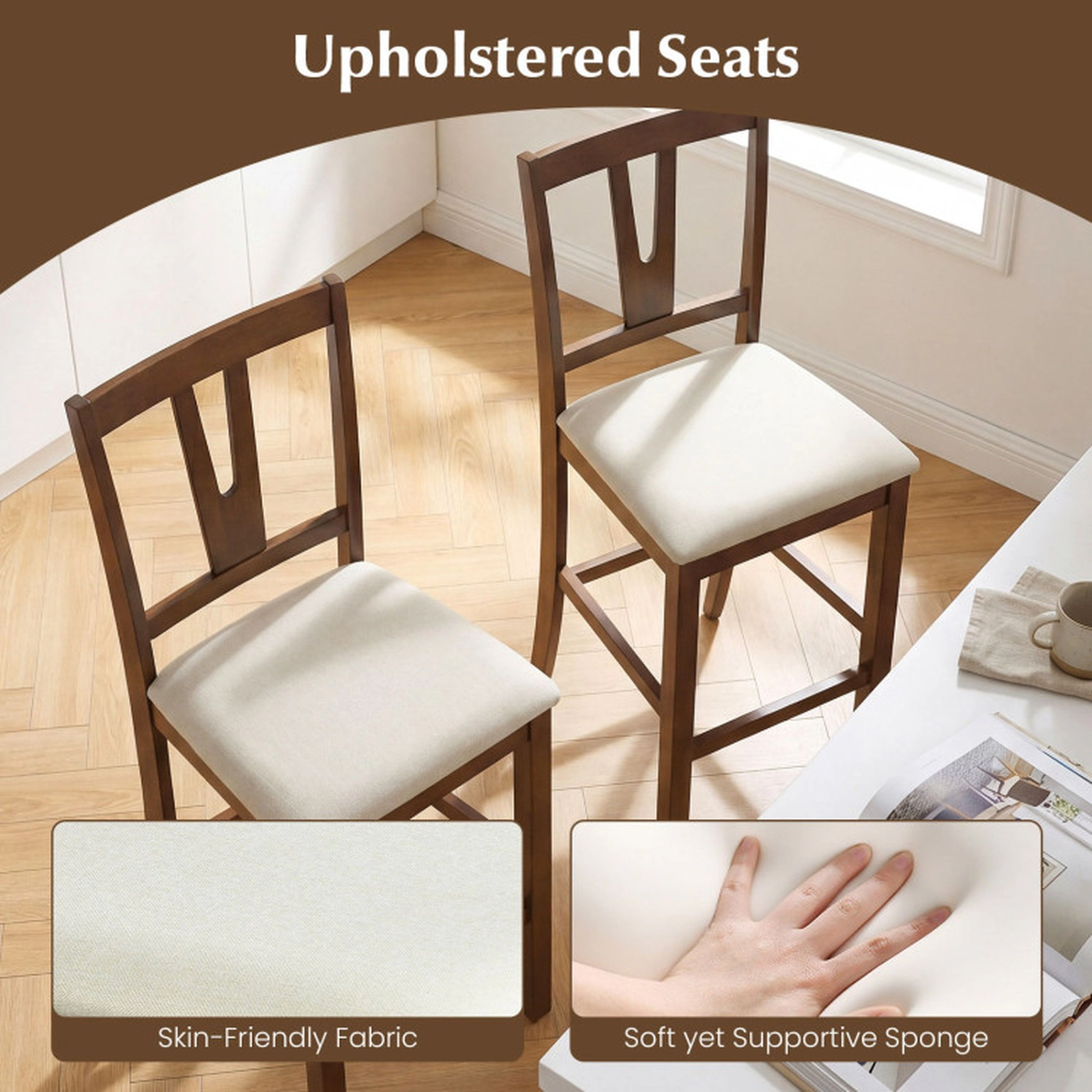 SUGIFT Walnut and Cream Contoured V-Back and Upholstered Seat Set of 2 Counter Height Bar Stool
