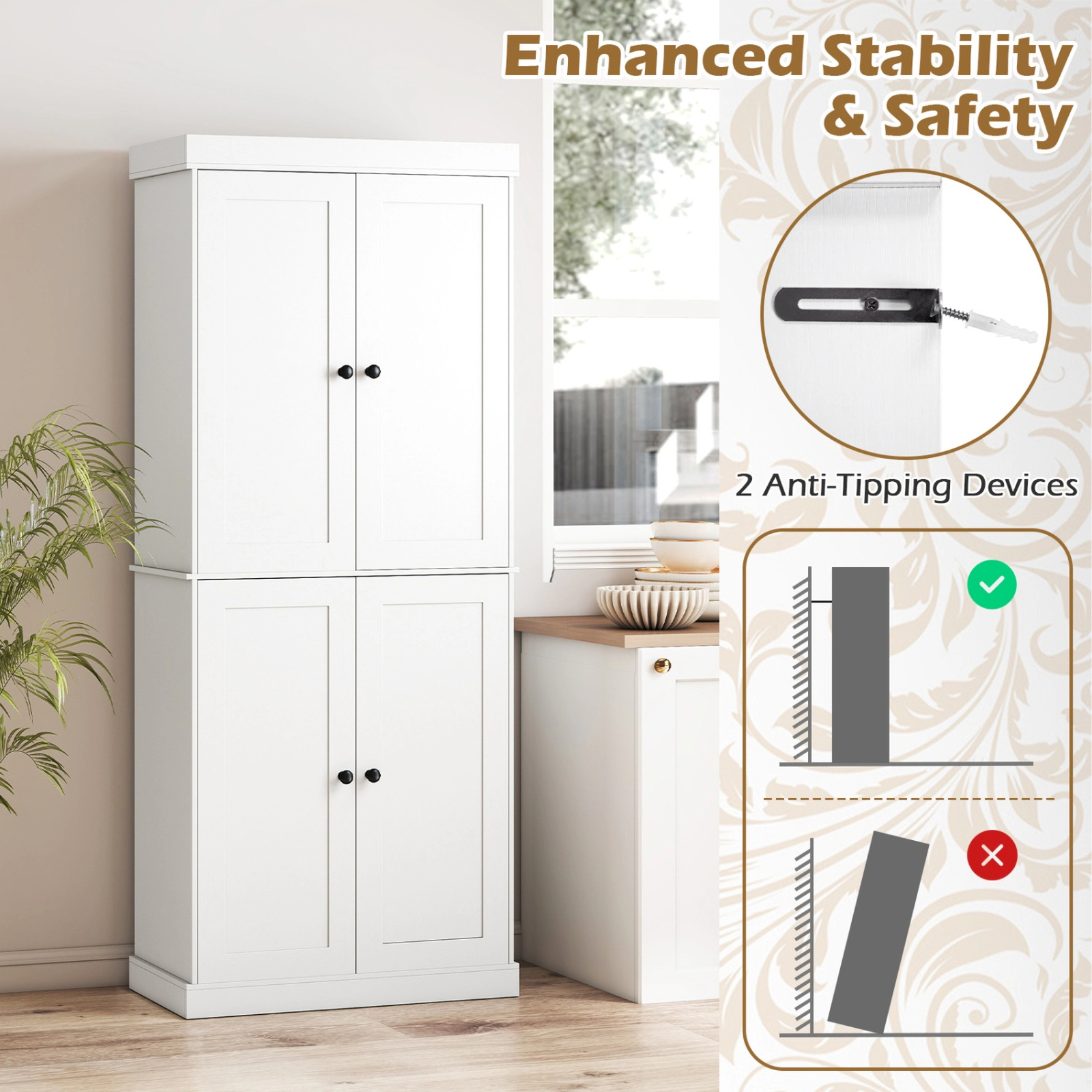 SUGIFT Kitchen Pantry Cabinet White with 2 Adjustable Shelves and Anti-Tipping Kit