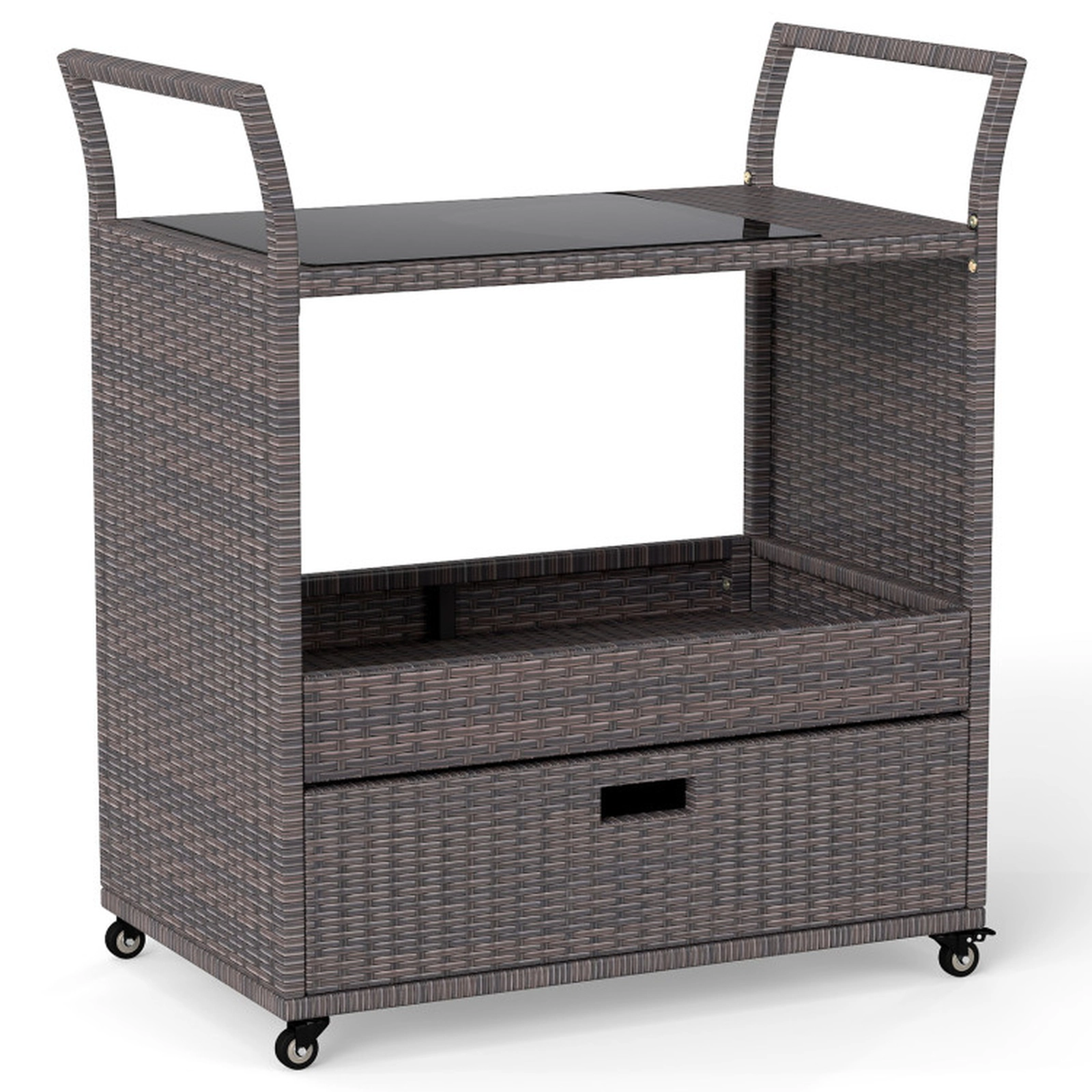 SUGIFT Brown 100-lb Capacity Outdoor Wicker Bar Cart with Tempered Glass Top PE Rattan Drawer and Wheels