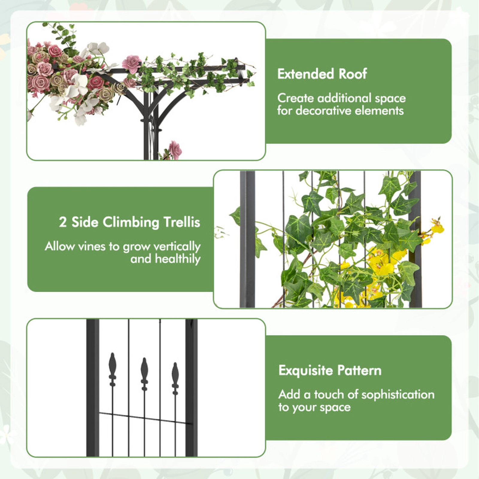 SUGIFT 6.8-ft Black Metal Climbing Plant Garden Arbor Arch Trellis with Flat Roof and 4 Ground Stakes