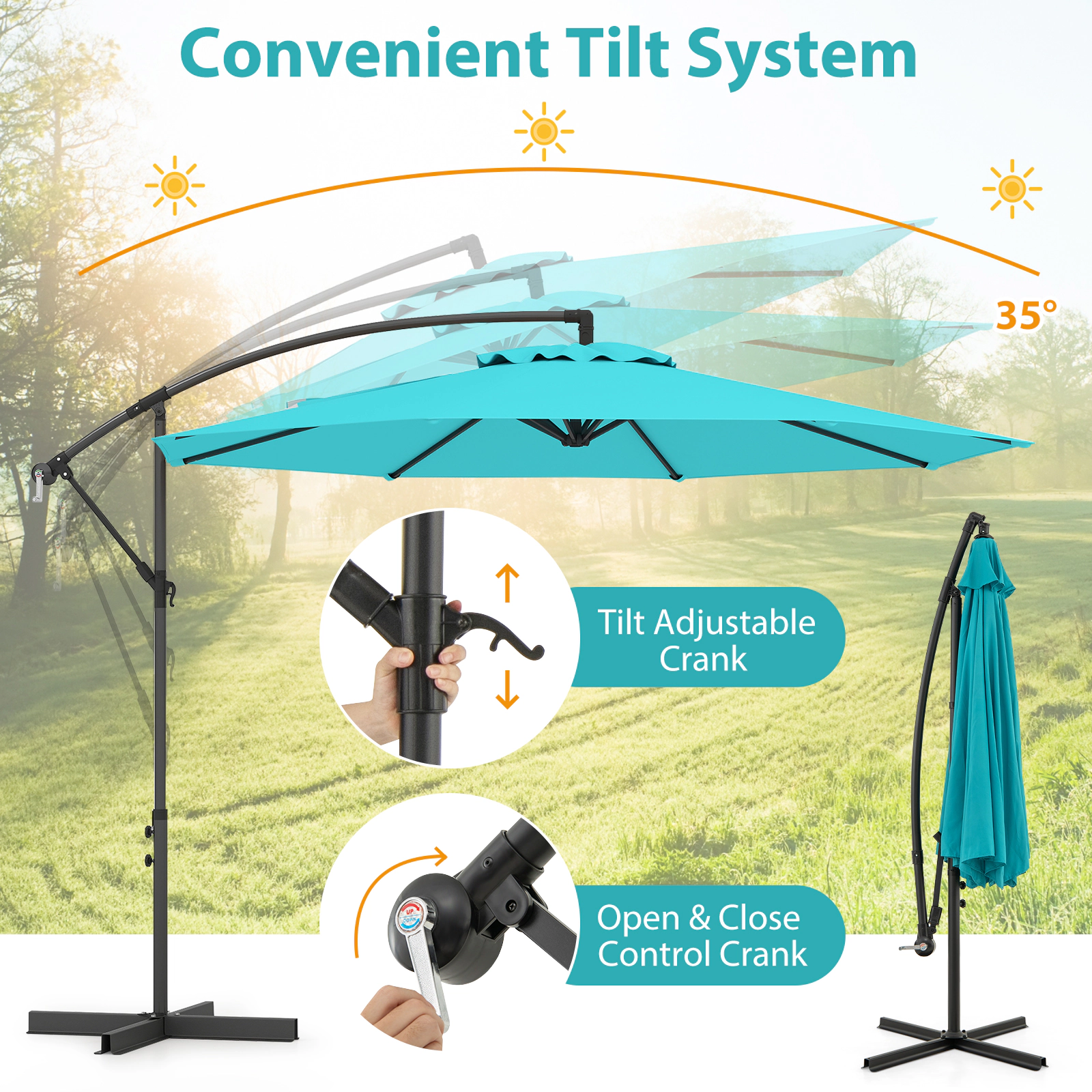 SUGIFT Beige Solar Patio Market Umbrella with Vented Top Crank Handle and 112 LED Lights 10-ft Dia 8.5-ft H