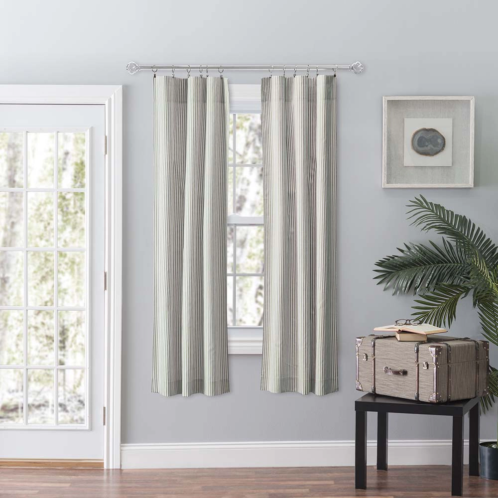 Ellis Curtain Plaza Classic Ticking Stripe Printed 3" Rod Pocket Tailored Panel Pair with Tiebacks 56" x 63" Sage