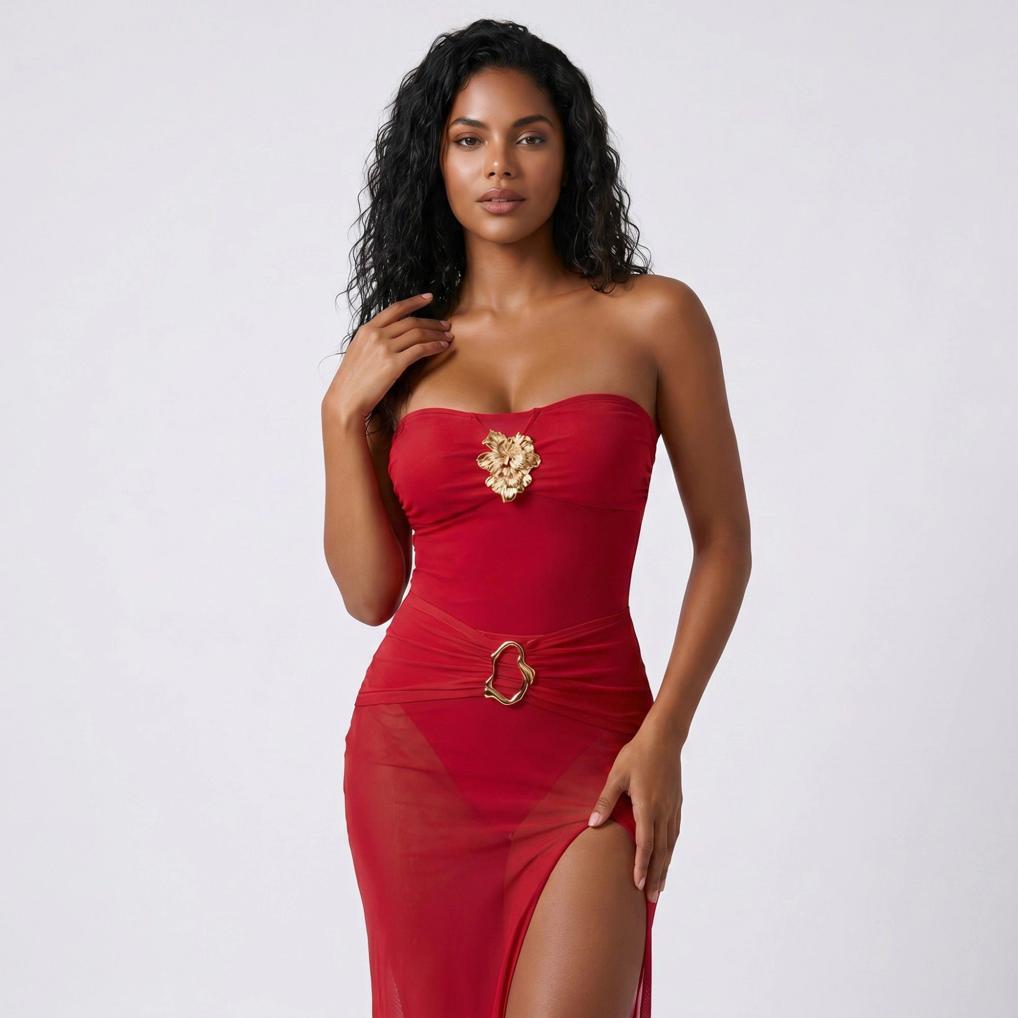 Anna-Kaci Women's 2-Piece Strapless One Piece Swimsuit with Sheer Wrap Skirt