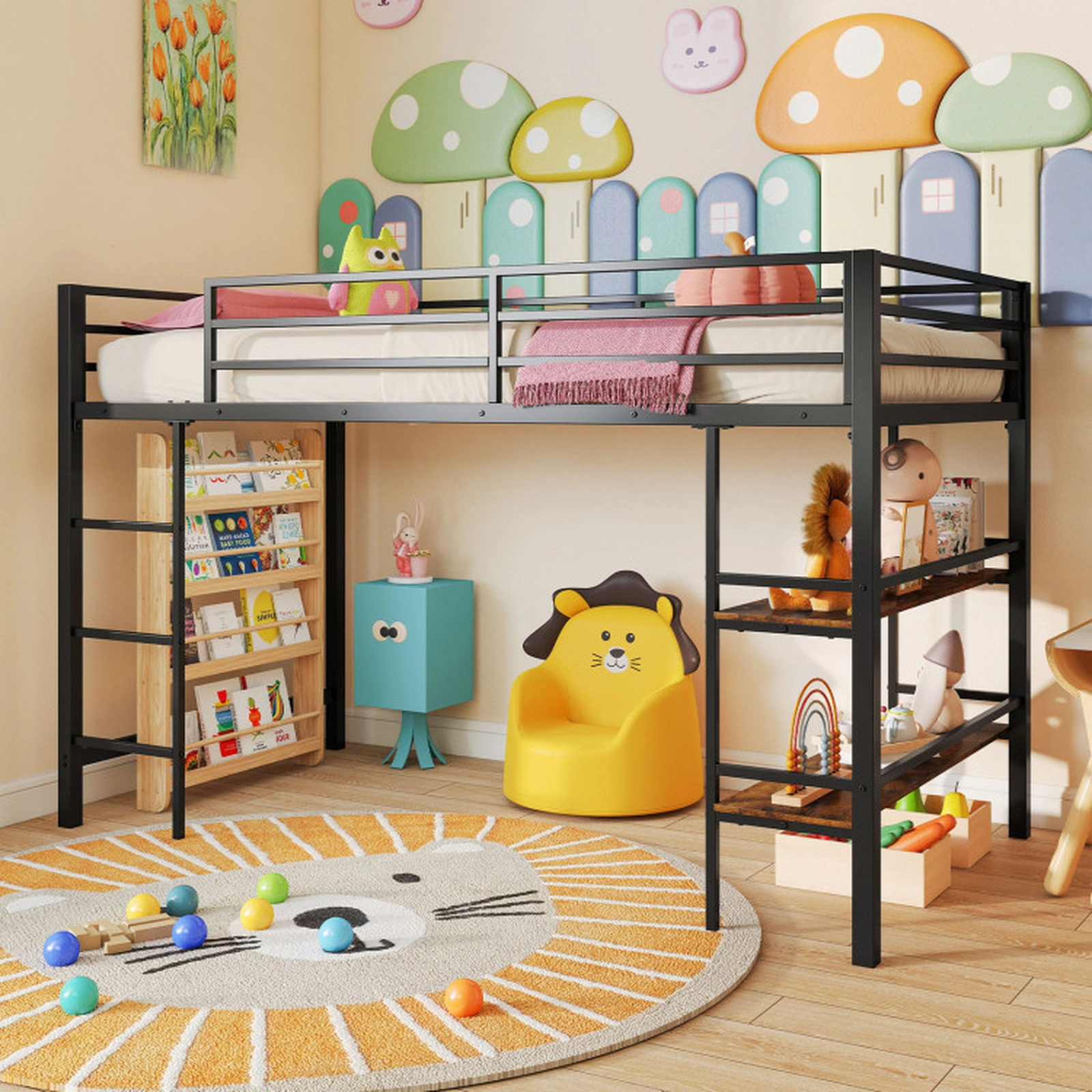 SUGIFT Twin Size Low Loft Bed with Ladder and Storage Shelves Metal Frame 485-lb Bed Capacity Black
