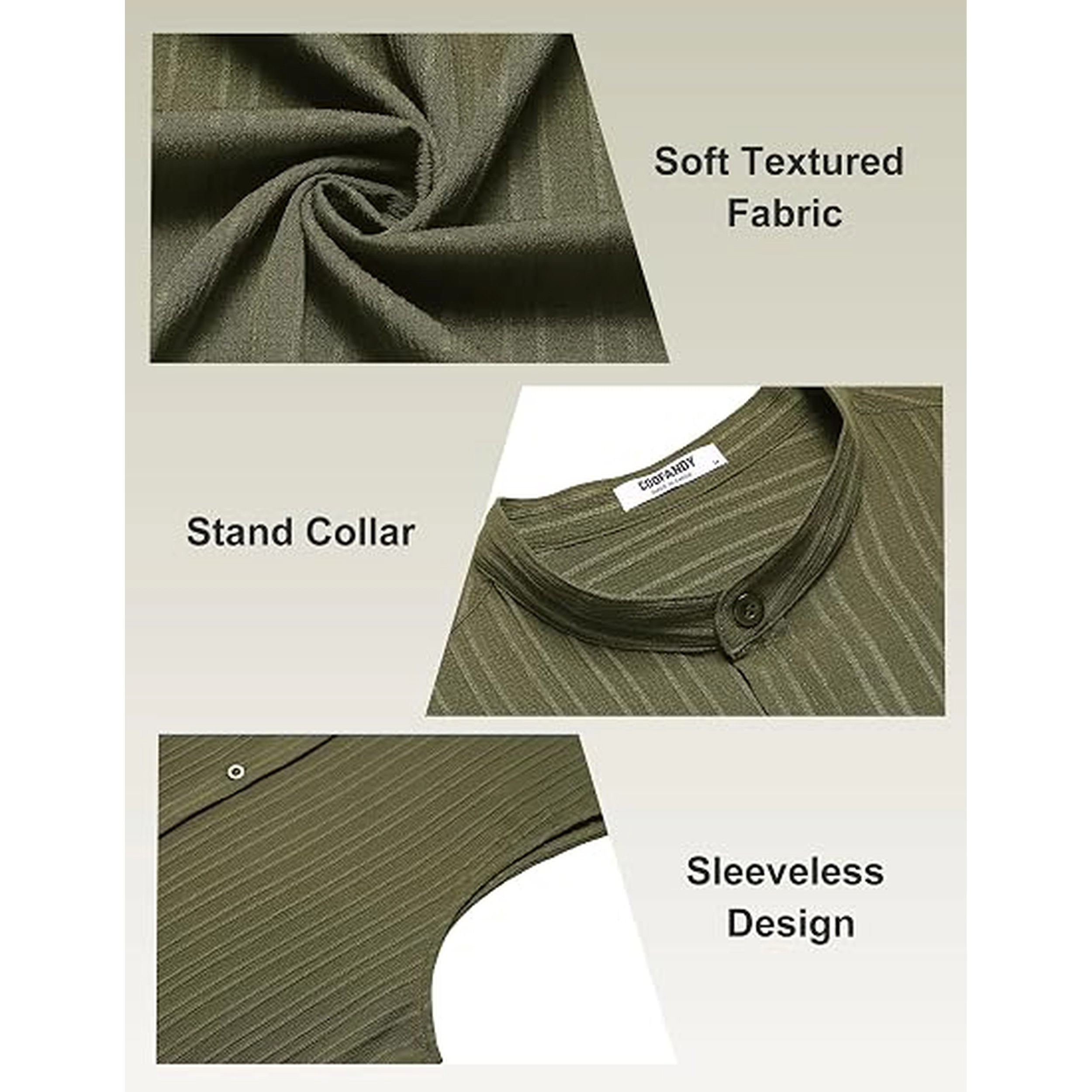 COOFANDY Men's Regular Fit Sleeveless Collar Neck Button Front Shirt