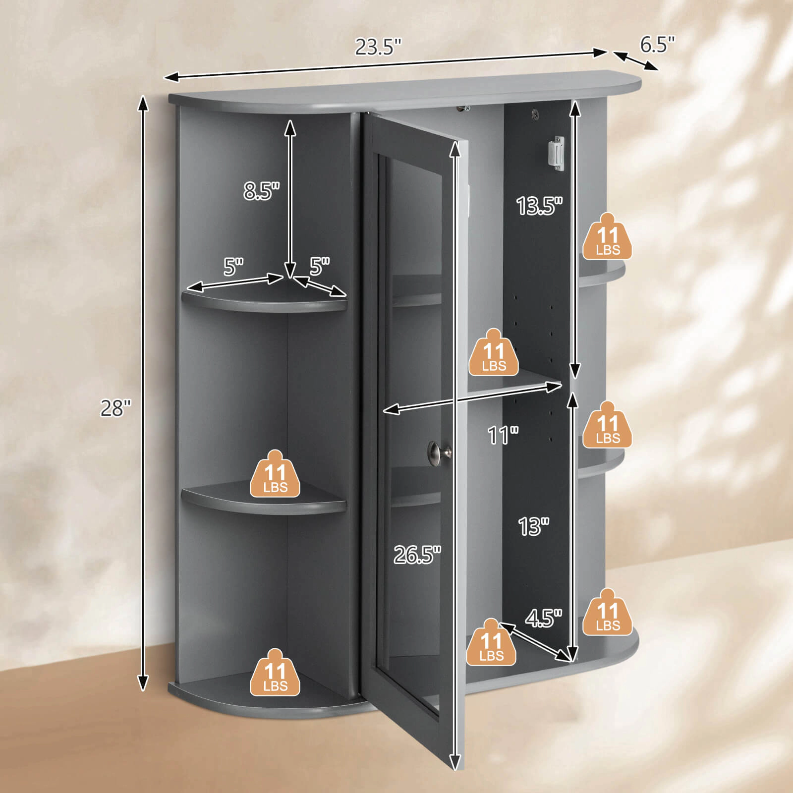 SUGIFT Gray 80-lb Capacity Wall Mount Bathroom Mirror Cabinet with Single Door and 6 Open Shelves