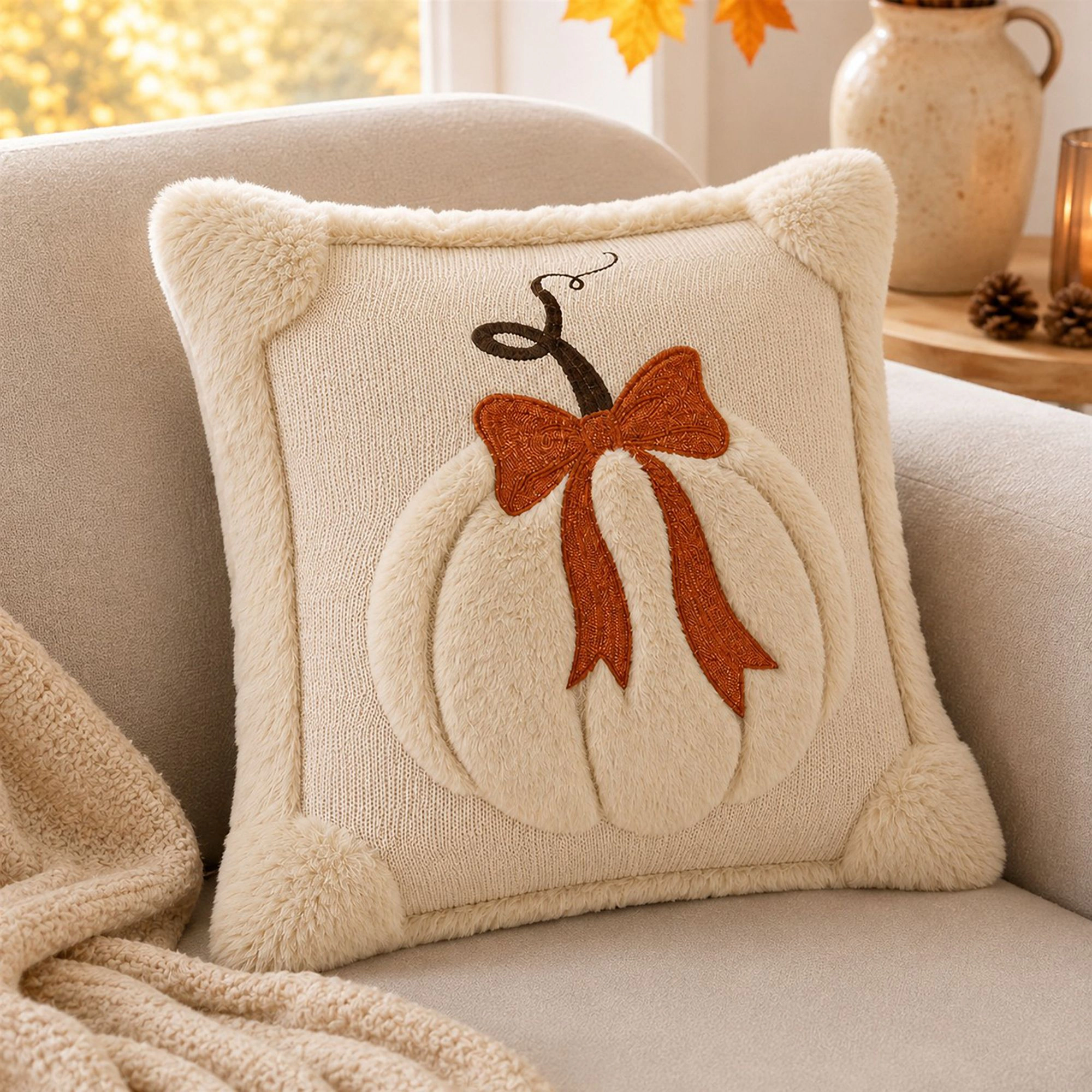Alilang Fall Textured Pumpkin Bow Decorative Throw Pillow Cover