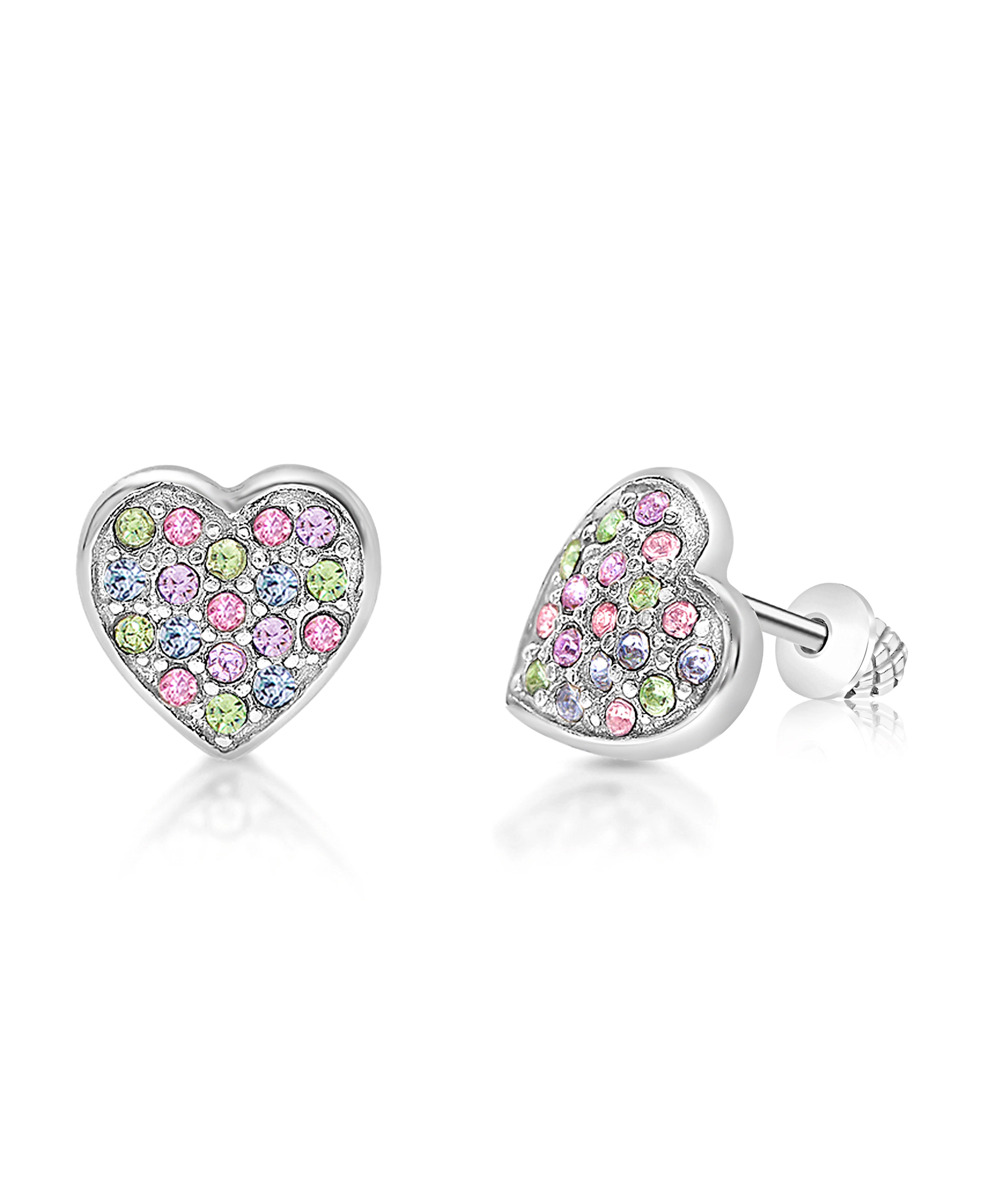 CHANTEUR Girls Heart Multi-Color Crystal Screw Back Stud Earrings - White Gold Palladium Plating