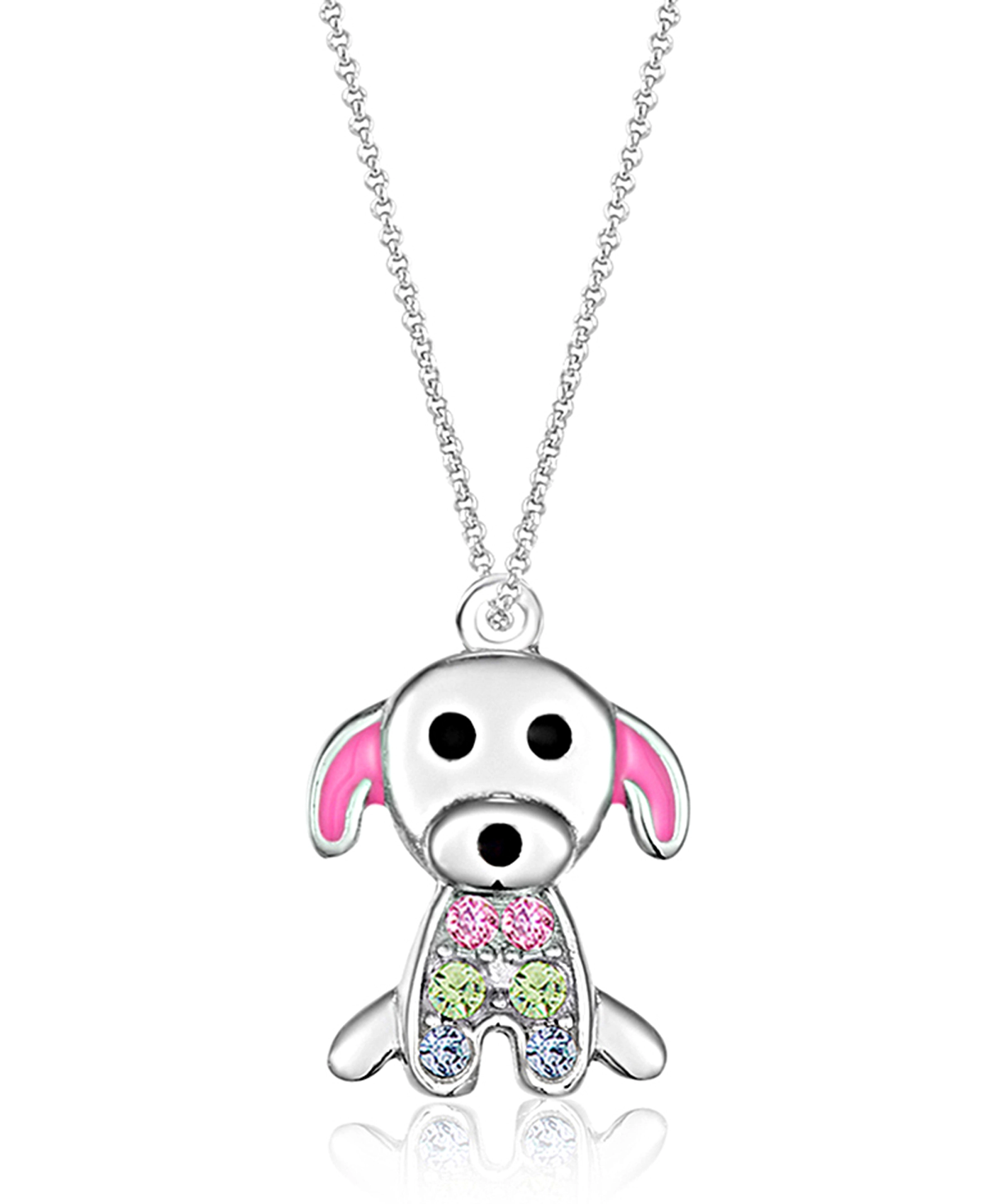 CHANTEUR Kids Silver Crystal Dog Charm Necklace - White Gold Palladium Plating, 6-inch