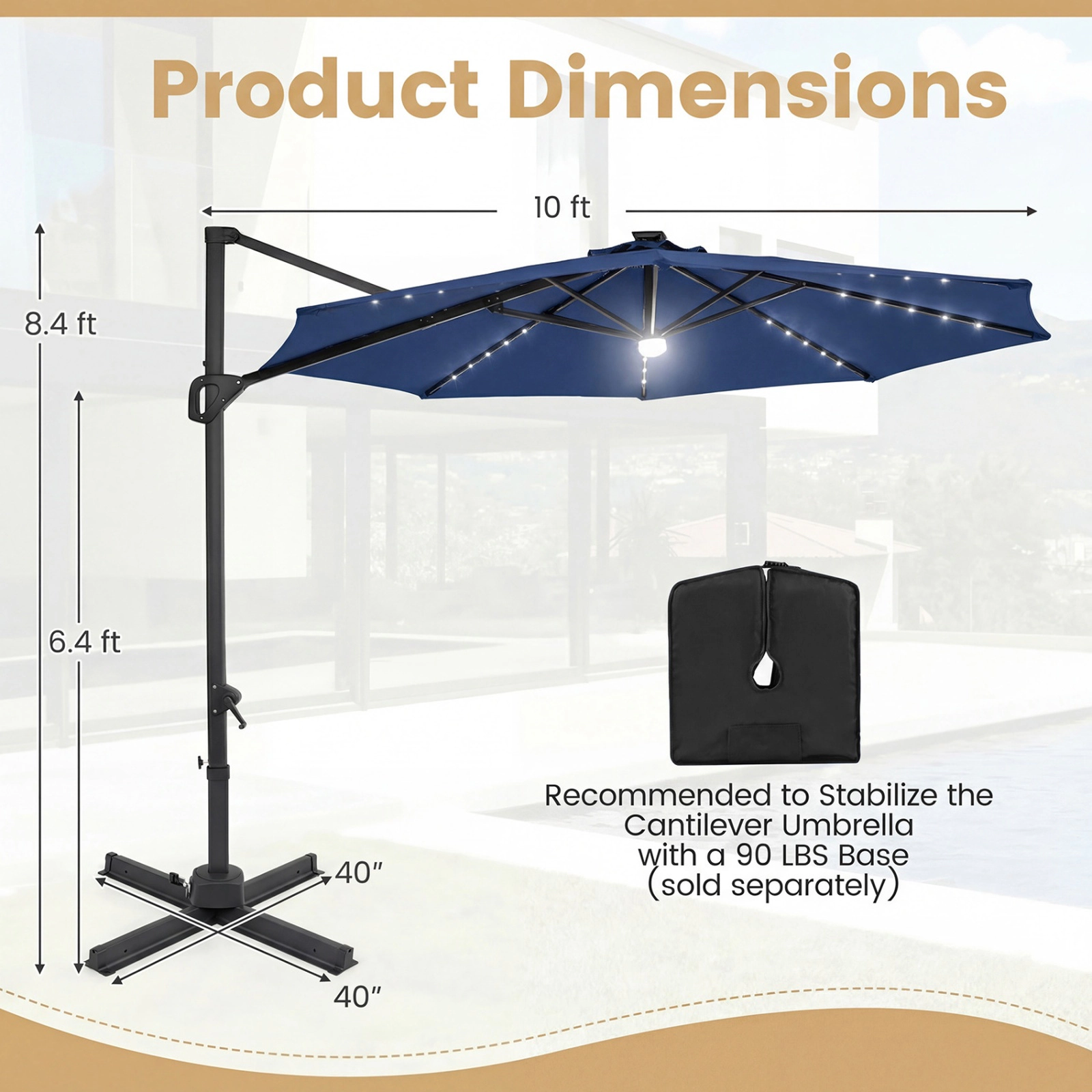 SUGIFT 10 ft Navy Blue Cantilever Patio Umbrella, 6-Level Tilt, 360-Degree Rotation, Solar LED Lights