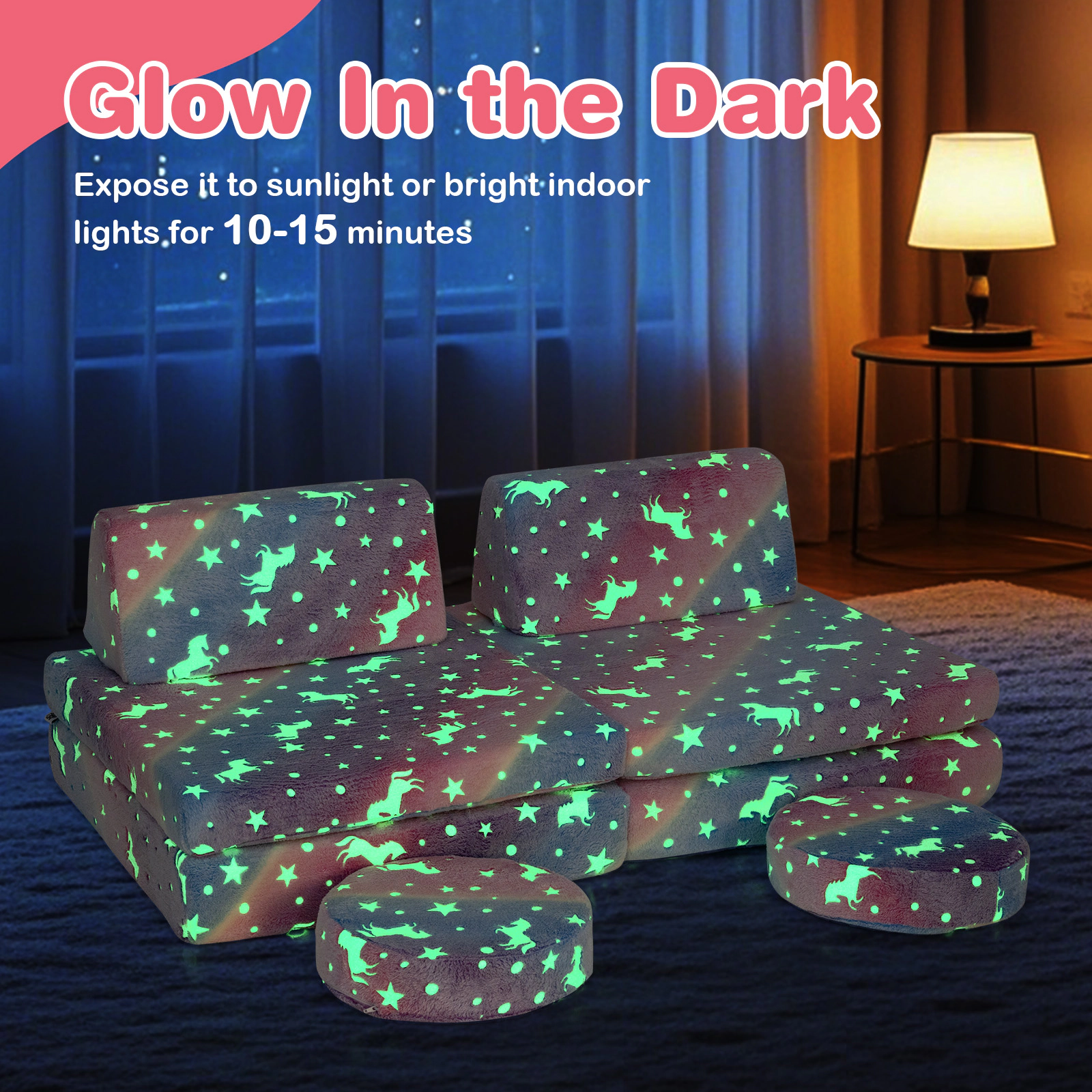 SUGIFT Glow in the Dark Pattern and Carry Handles Modular Kids Play Couch Set