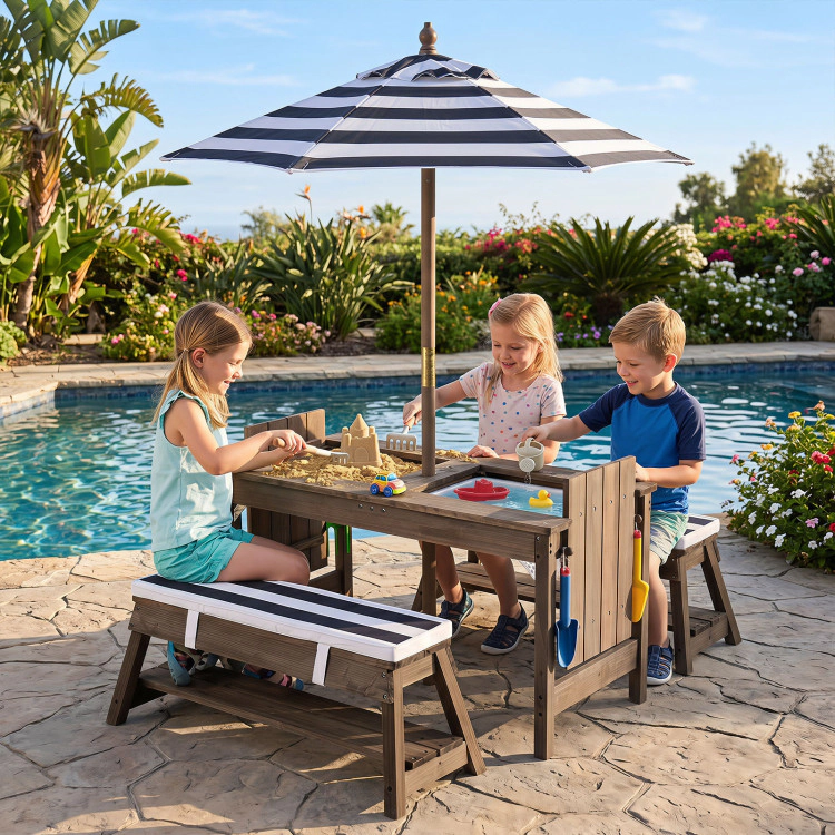 Hivvago Outdoor Kids Wooden Picnic Table And Benches Set With Umbrella