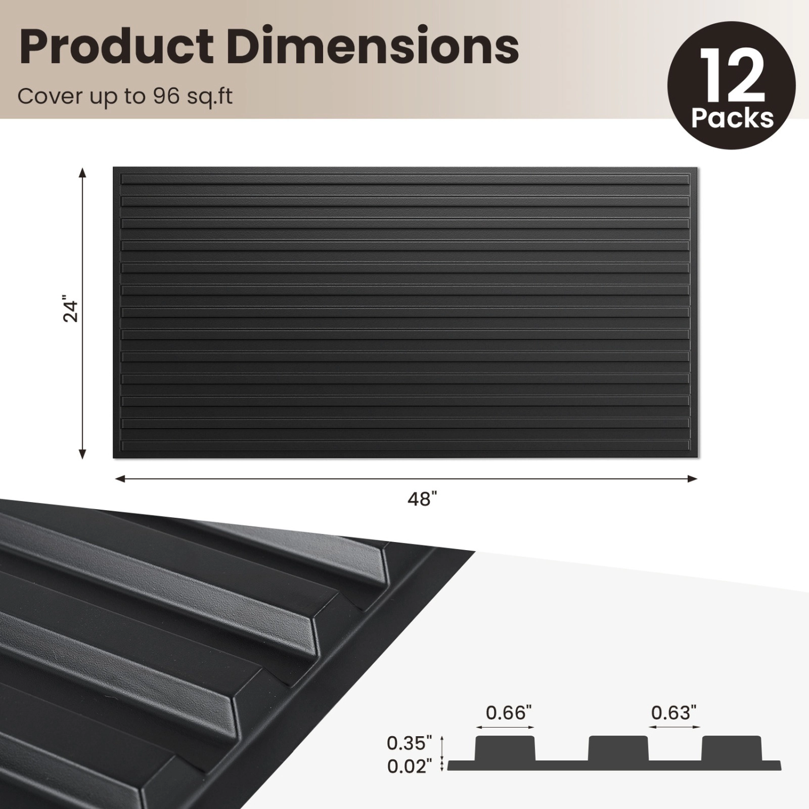 SUGIFT 12-Pack Waterproof PVC Fluted Slat Wall Panels 48-in x 24-in x 0.37-in 96 sq ft Coverage 20-lb Black