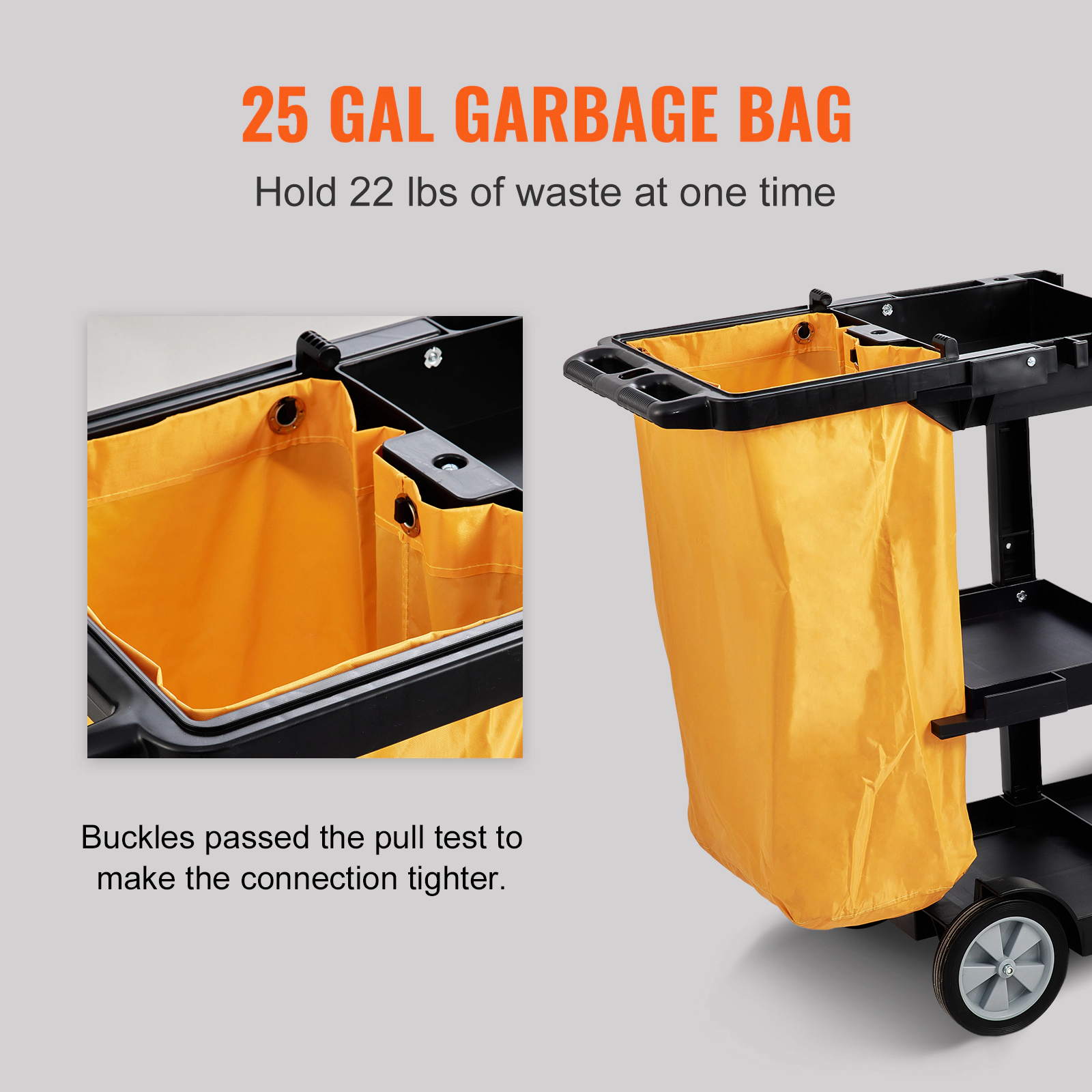 HONGGE Cleaning Cart 3-Shelf Commercial Janitorial Cart 200 lbs Capacity Plastic Housekeeping Cart with 25 Gallon PVC