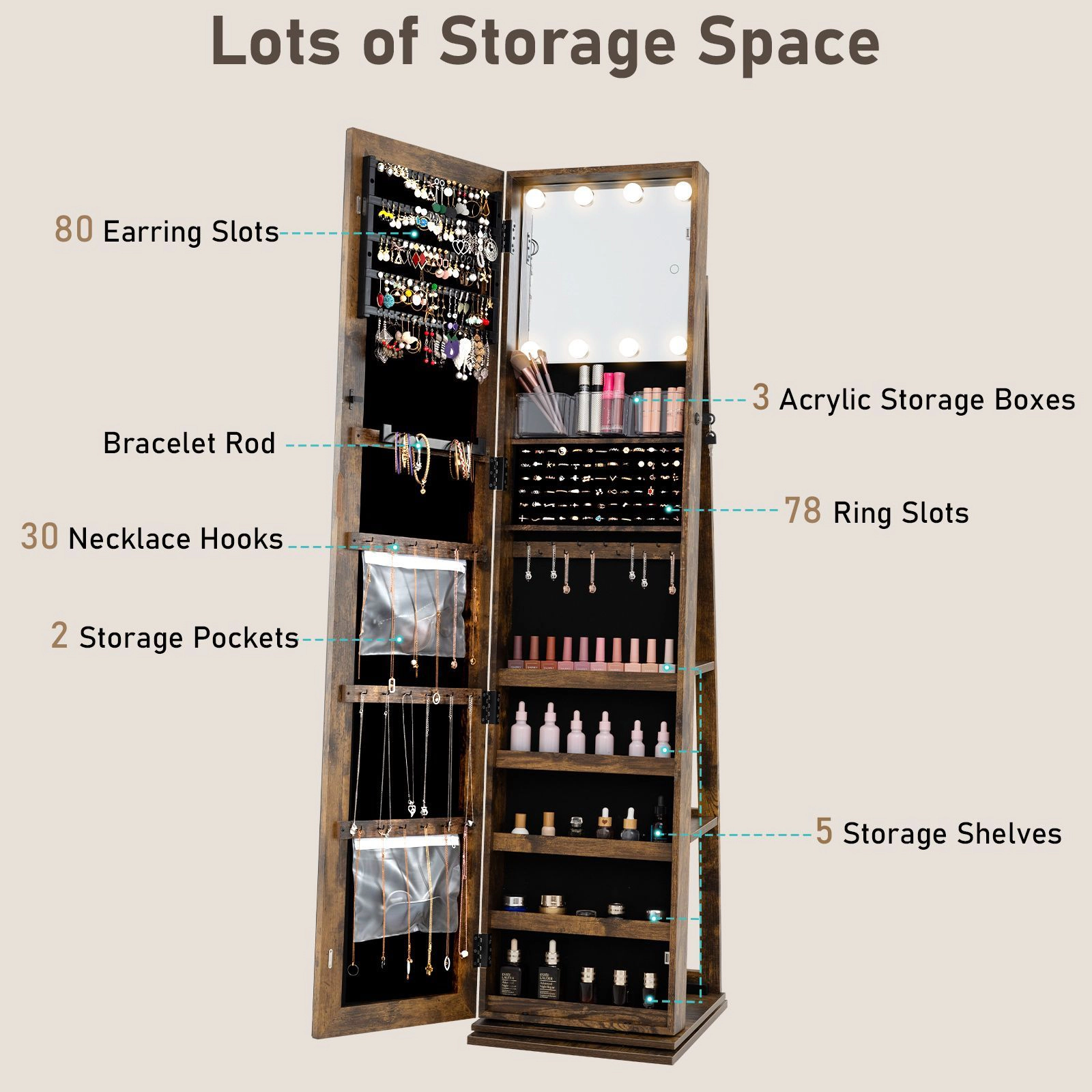 SlickBlue Rotating Jewelry Armoire With LED Mirror And Shelves
