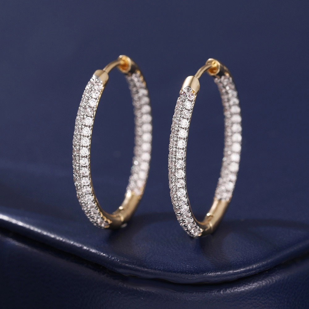 Double Row Paved Cubic Zirconia Hoop Earring Gold Plated Sparkling CZ Large Hoop Earring