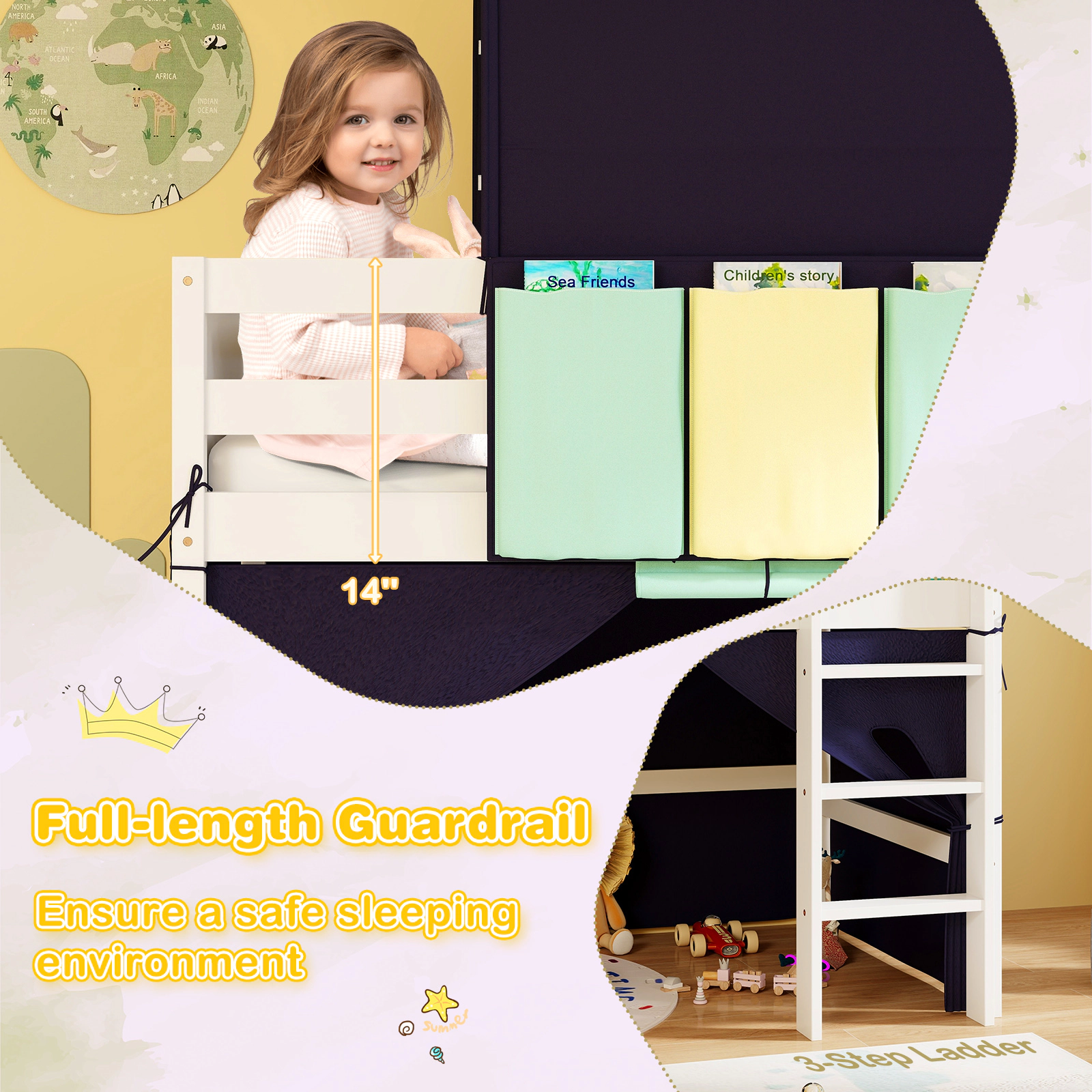SUGIFT Navy Tower Tent and 3 Storage Pockets Twin Size Kids Loft Playhouse Bed