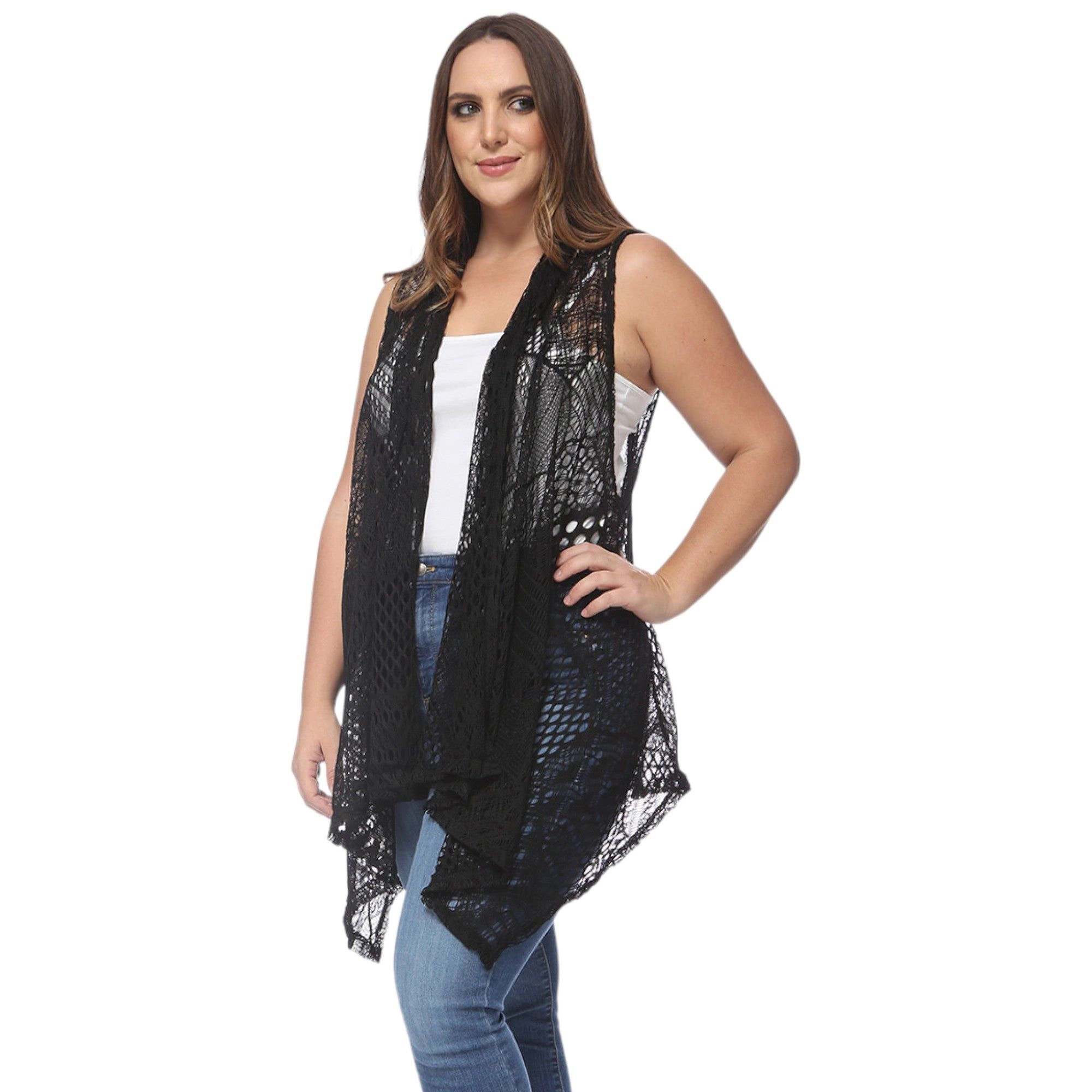 Anna-Kaci Women's Plus Boho Open Front Crochet Cover Up Sleeveless Shawl Cardigan Vest