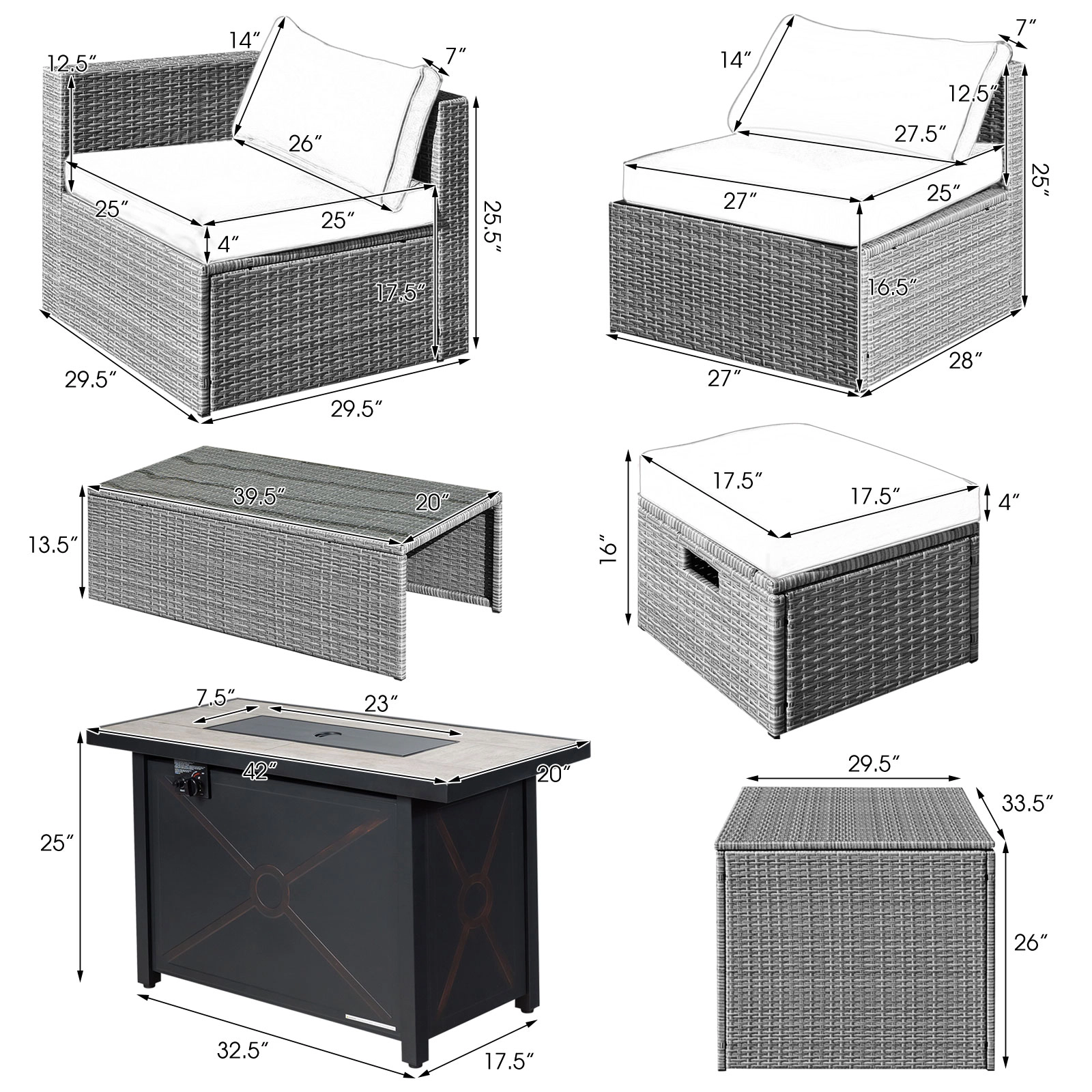 SUGIFT 42 in 60000 BTU Fire Pit Table and Storage Box 9-Piece Patio Rattan Sectional Set