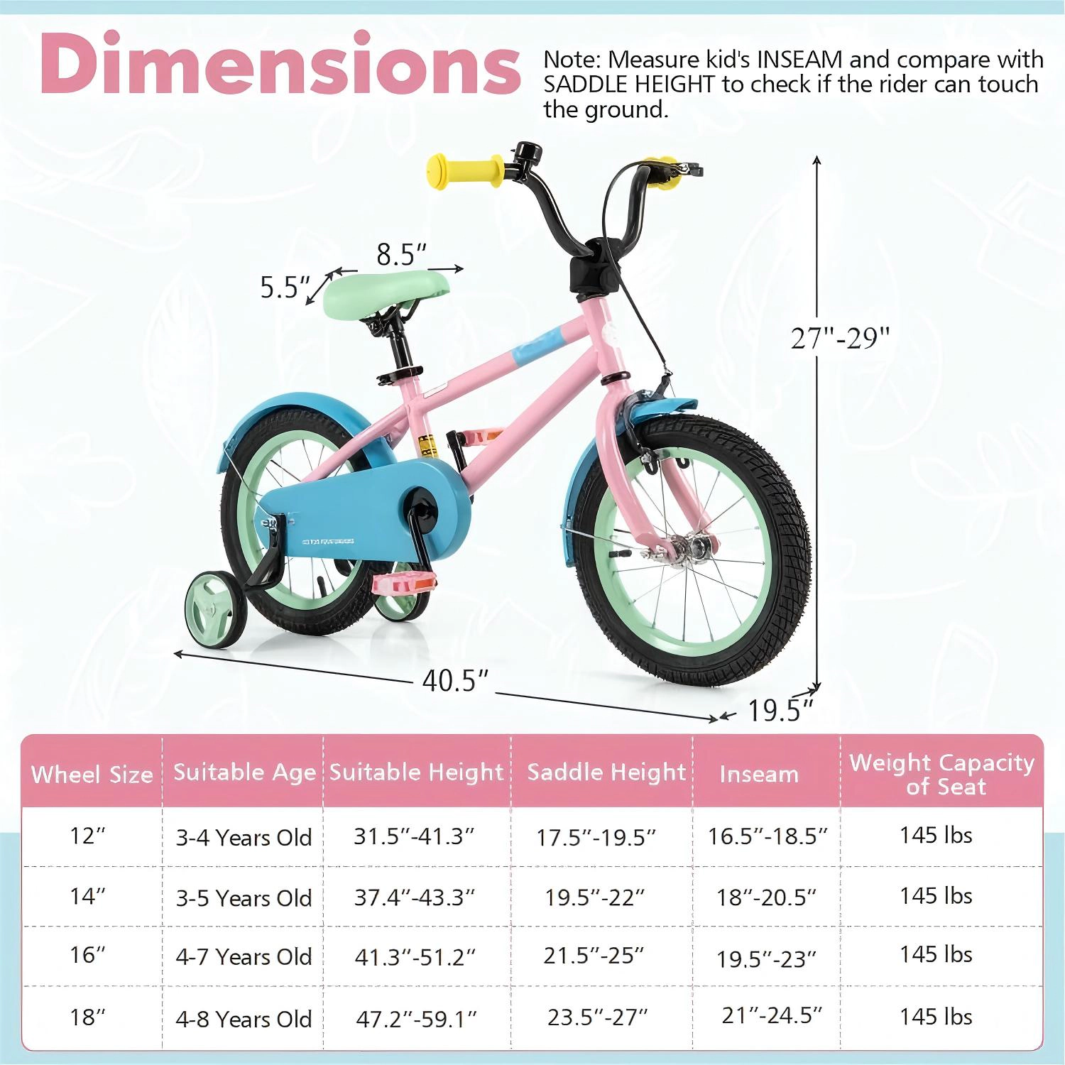 SUGIFT Adjustable Handlebar and Saddle Kids Bike 145-lb Capacity Ages 3-5 Years Pink Blue Green Yellow