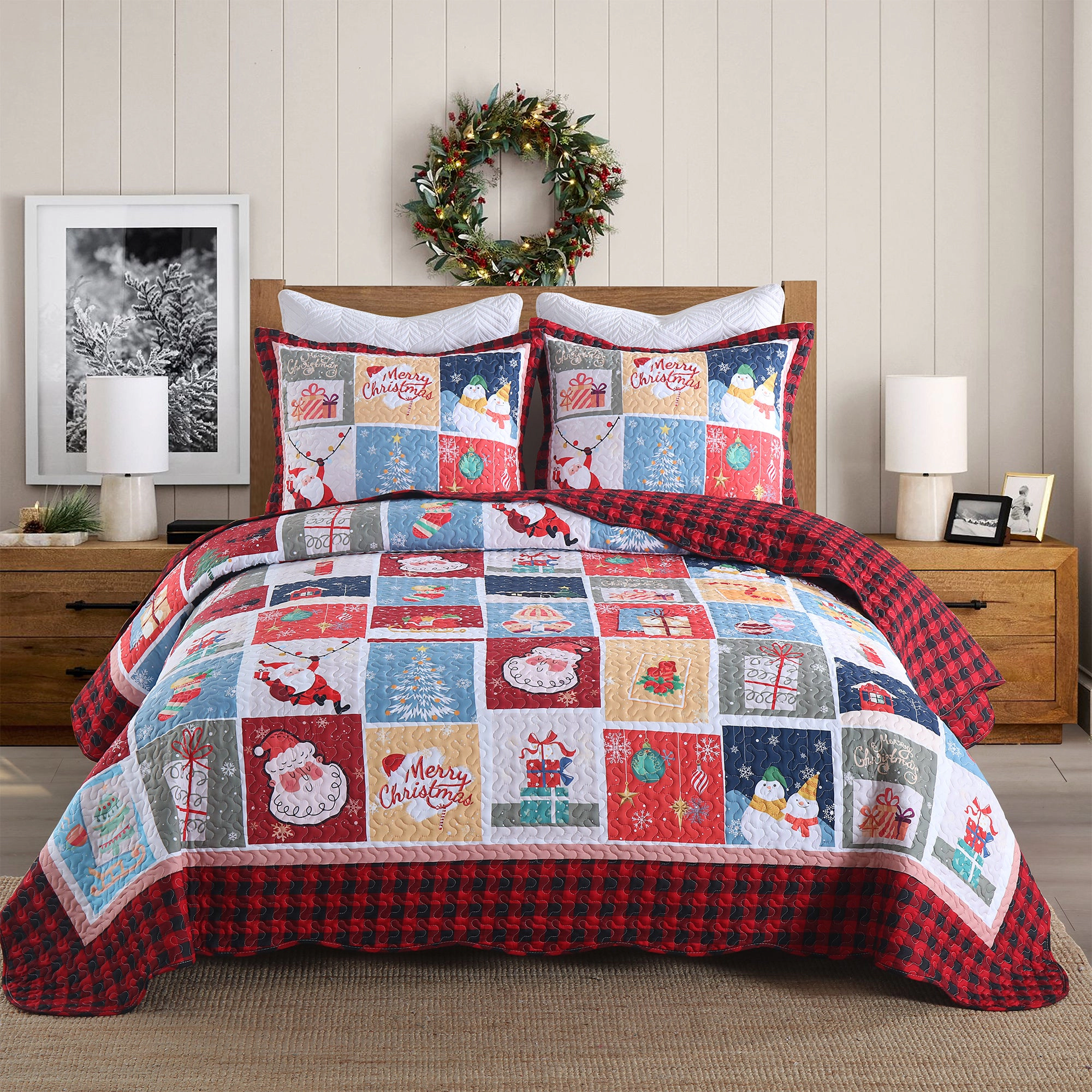 MarCielo 3 Piece Christmas Quilt Set, Santa Plaid Bedspread Set
