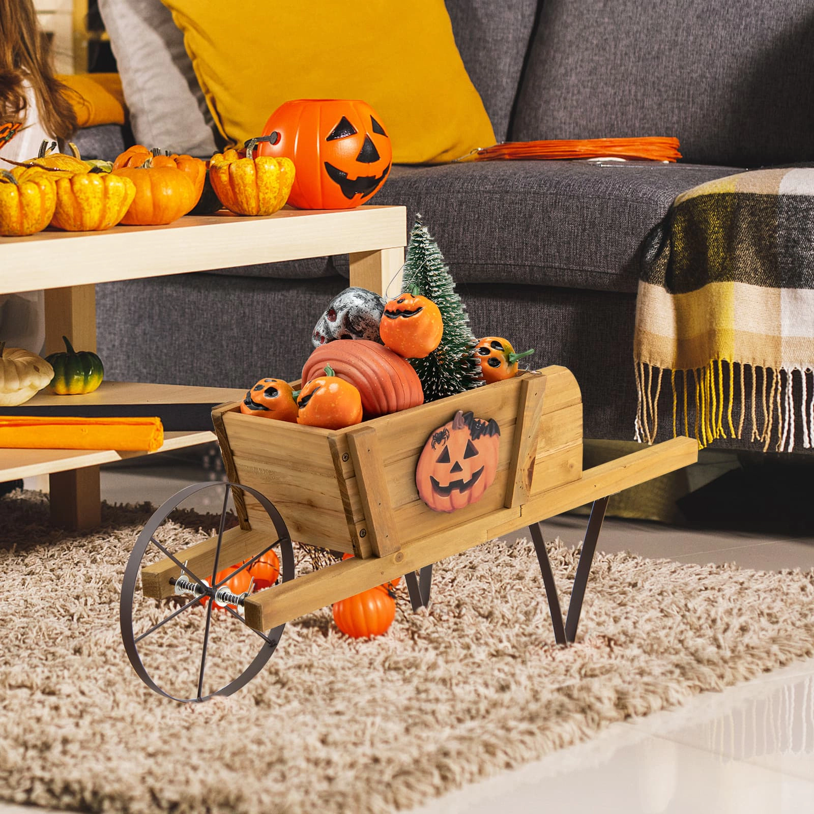 SUGIFT Wooden Wagon Planter Wheelbarrow with 9 Magnetic Accessories 11-lb Capacity Walnut/Red/Blue
