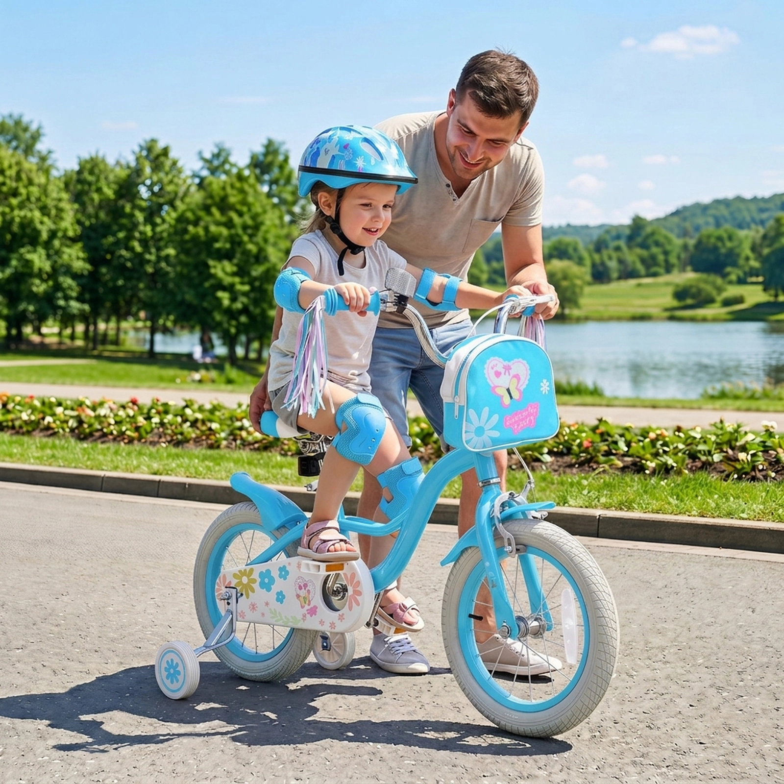 SUGIFT Adjustable Height 14-Inch Girls Bike with Front Bag and Streamers 110-lb Seat Capacity Ages 3-5 Blue