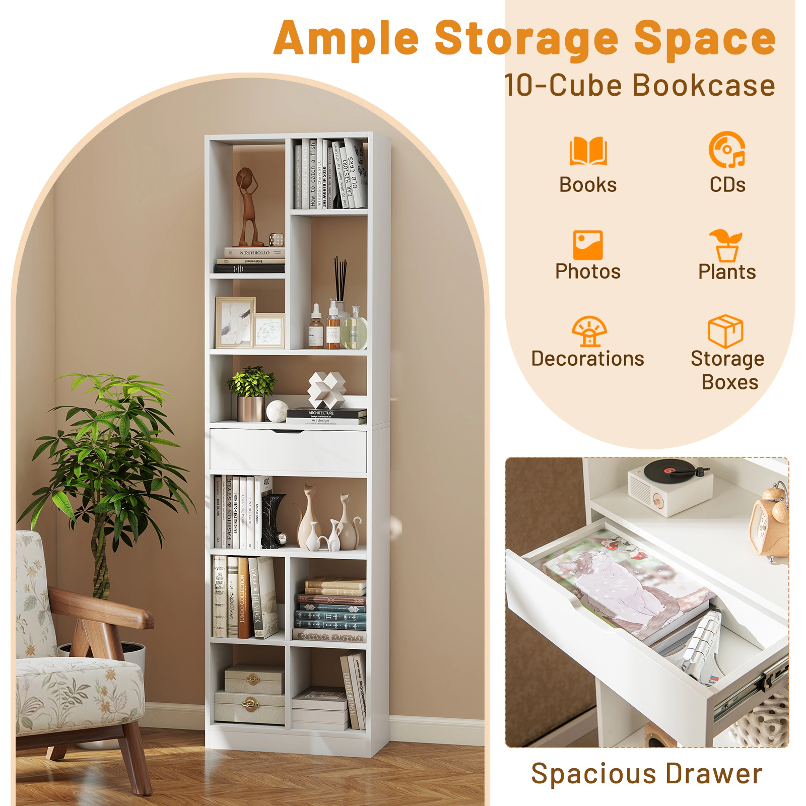 SUGIFT White 7-Tier Bookshelf 71 in with 10 Open Cubes and Storage Drawer