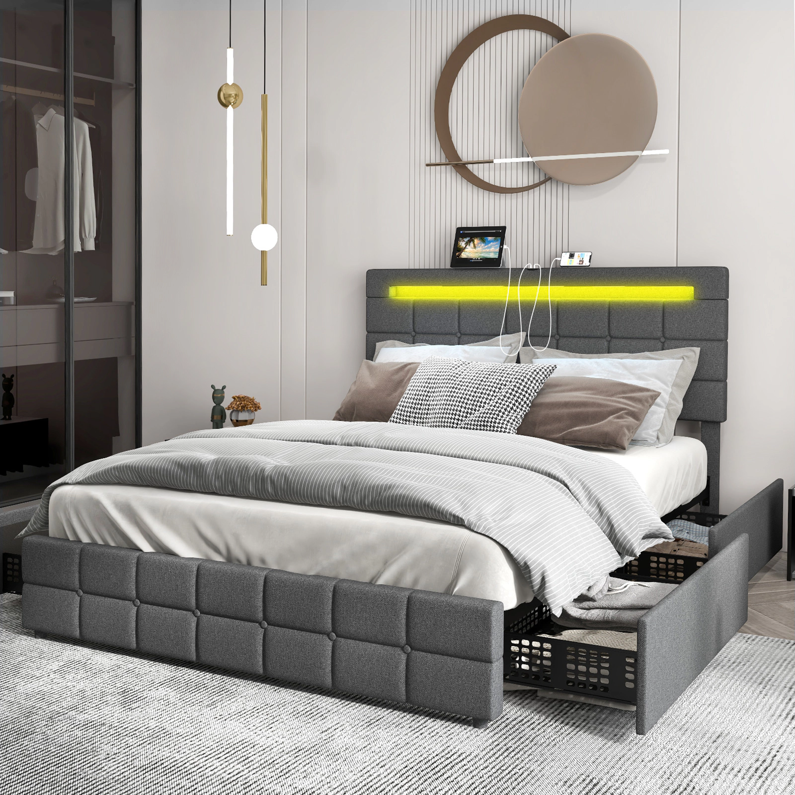 Full Size Upholstered LED Bed Frame with 4 Rolling Drawers Button Tufted Adjustable Headboard Gray