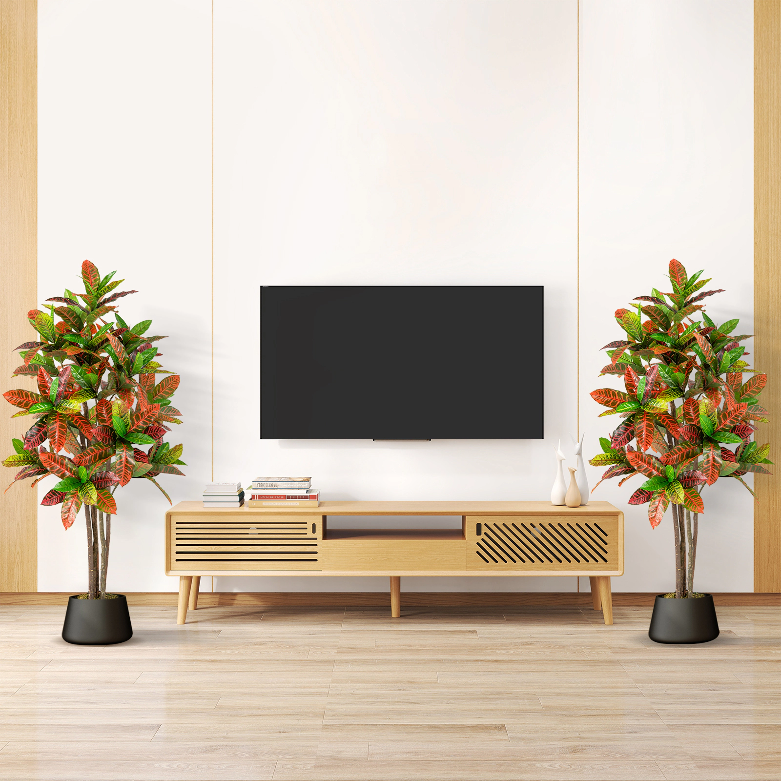 Slickblue 2 Pieces 5 FT Potted Artificial Croton Trees with Decorative Moss for Living Room and Office Decor