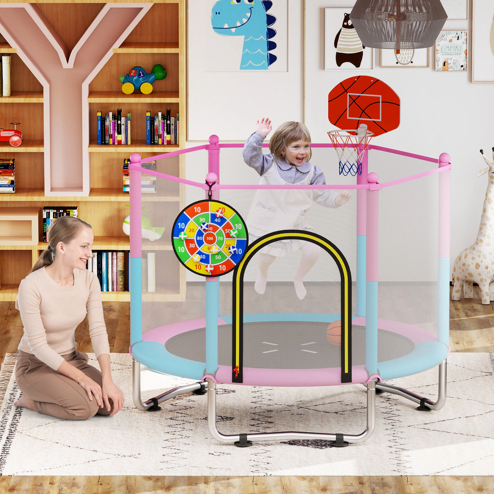 60-in Kids Trampoline Net Basketball Hoop 3-in-1 Dart Board 330-lb Capacity 30 Springs Macaron Recreational Ages 3-6