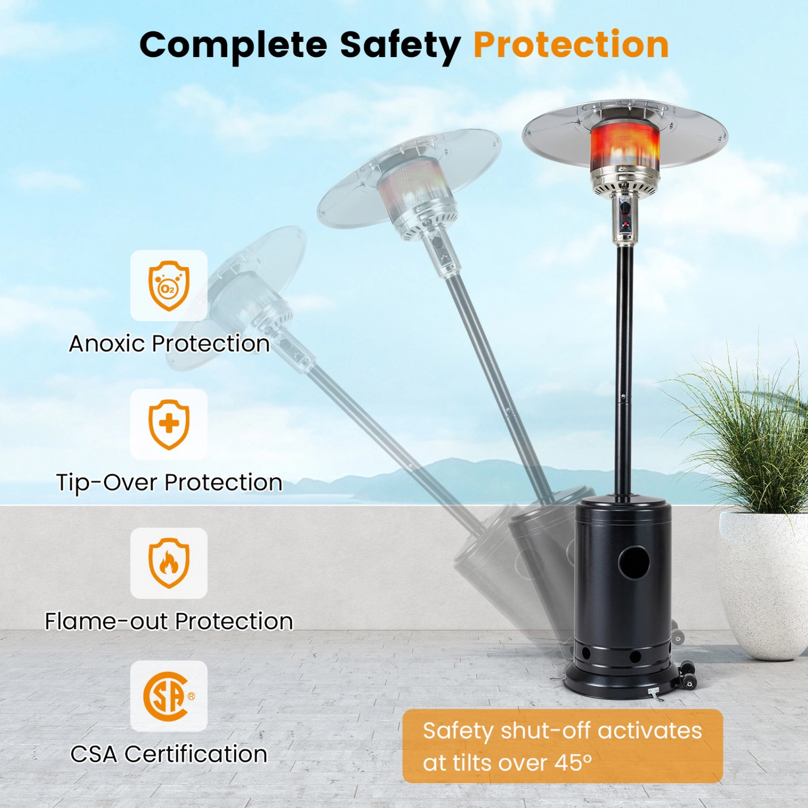 SUGIFT 50000-BTU Black 20-ft Coverage Propane Patio Heater with Stainless Steel Burner and Built-in Wheels