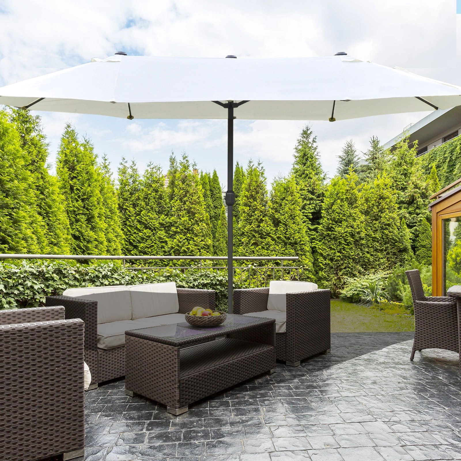 HONGGE Patio Umbrella 15' Steel Rectangular Outdoor Double Sided Market with base UV Sun Protection & Easy Crank for