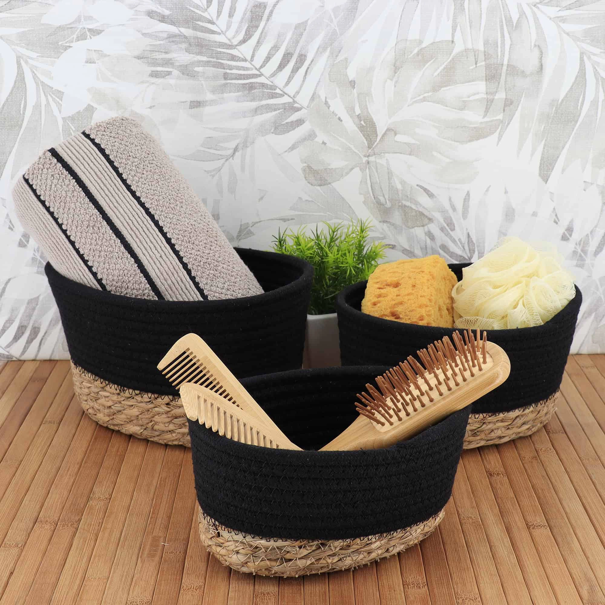 Evideco French Home Goods Set of 3 Stackable Cotton Rope Baskets with Seagrass Base