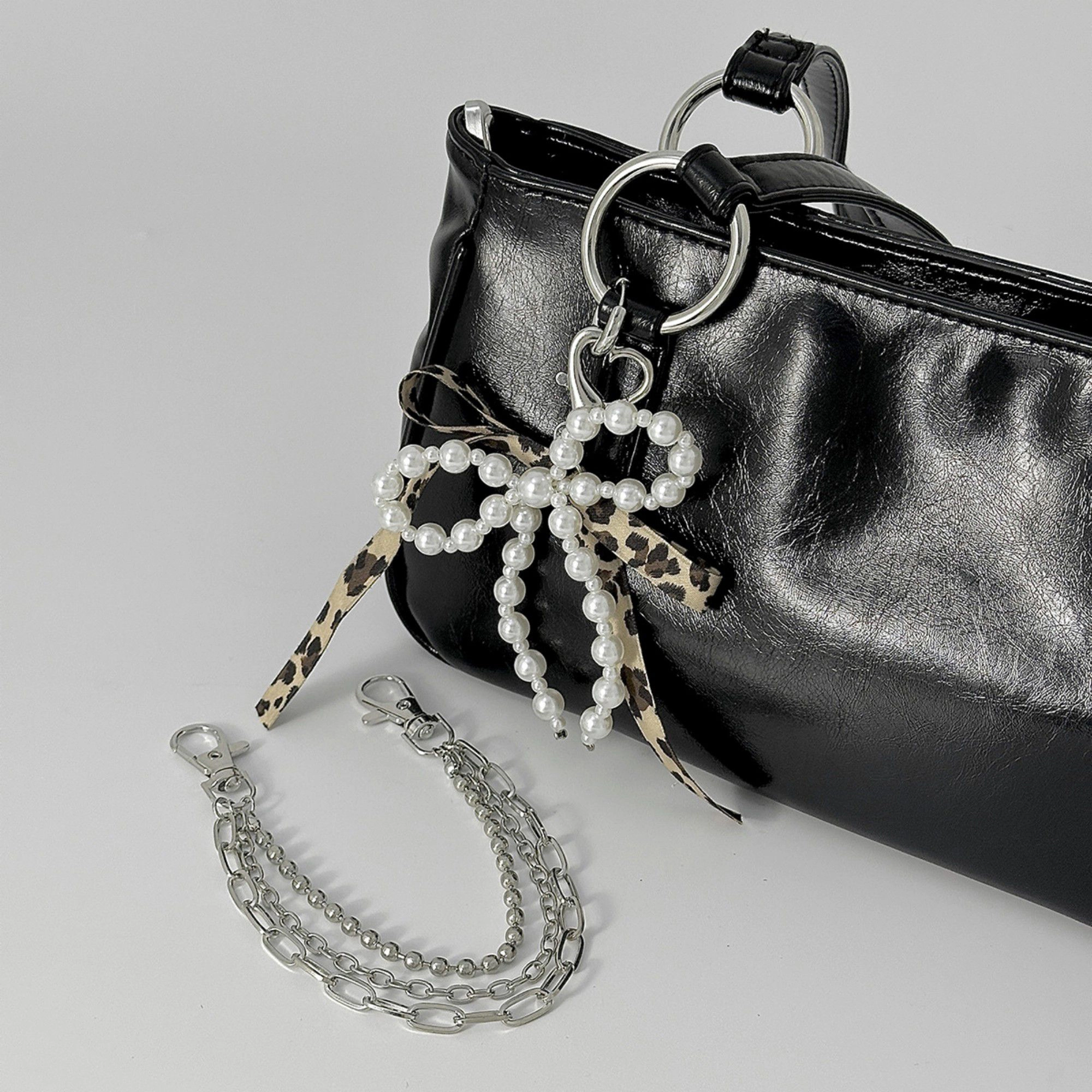 Alilang Women's Pearl Bow Chain Bag Charm with Leopard Ribbon Layered Silver Tone Clips for Bags and Jeans