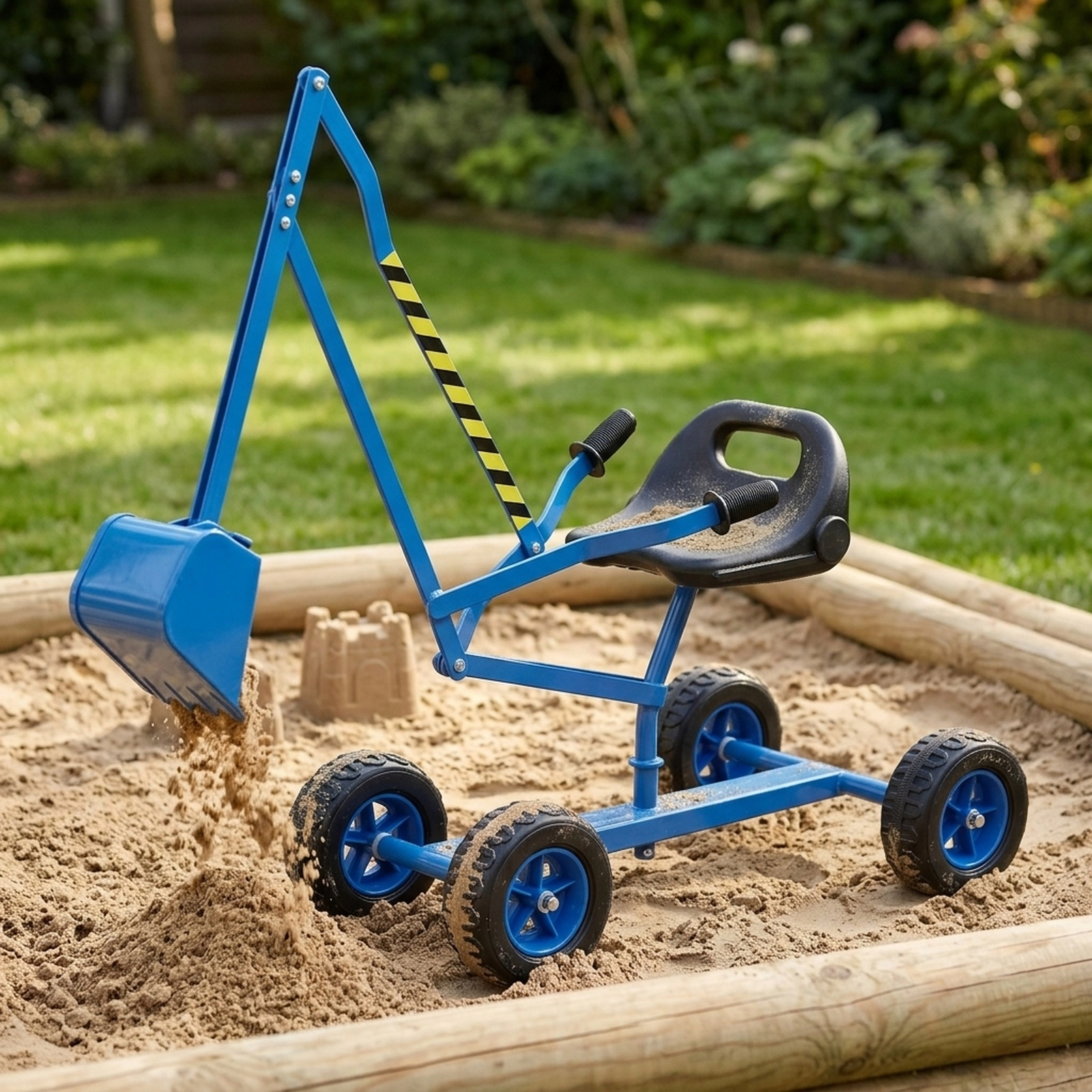 Blue Kids Ride-On Sand Digger Excavator Toy on 4 Wheels 2-Handed Levers Swivel Seat 110-lb Capacity Ages 3+