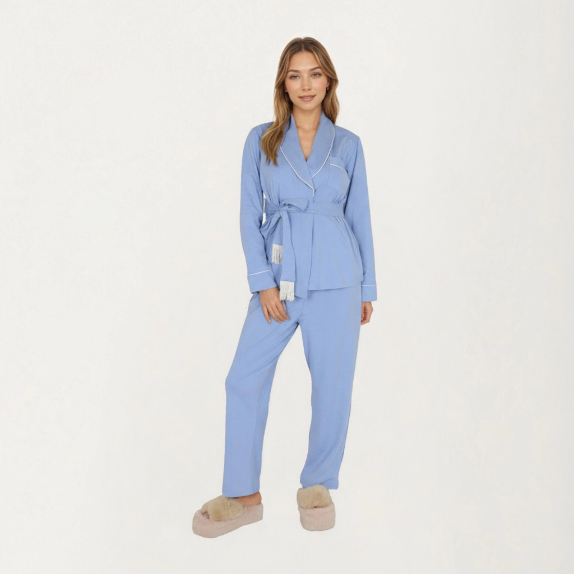 Anna-Kaci Women's 2-Piece Belted Wrap Top and Relaxed Fit Pants Pajama Set with Shawl Collar Soft Fabric