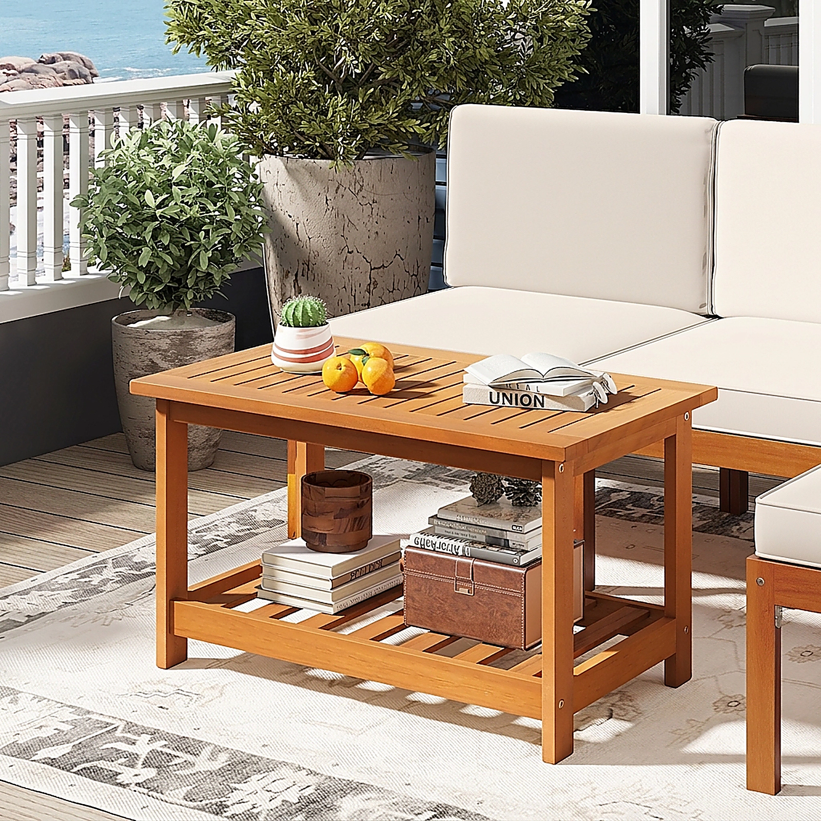 SUGIFT 29.5-In 2-Tier Natural Acacia Wood Outdoor Patio Coffee Table with Storage Shelf