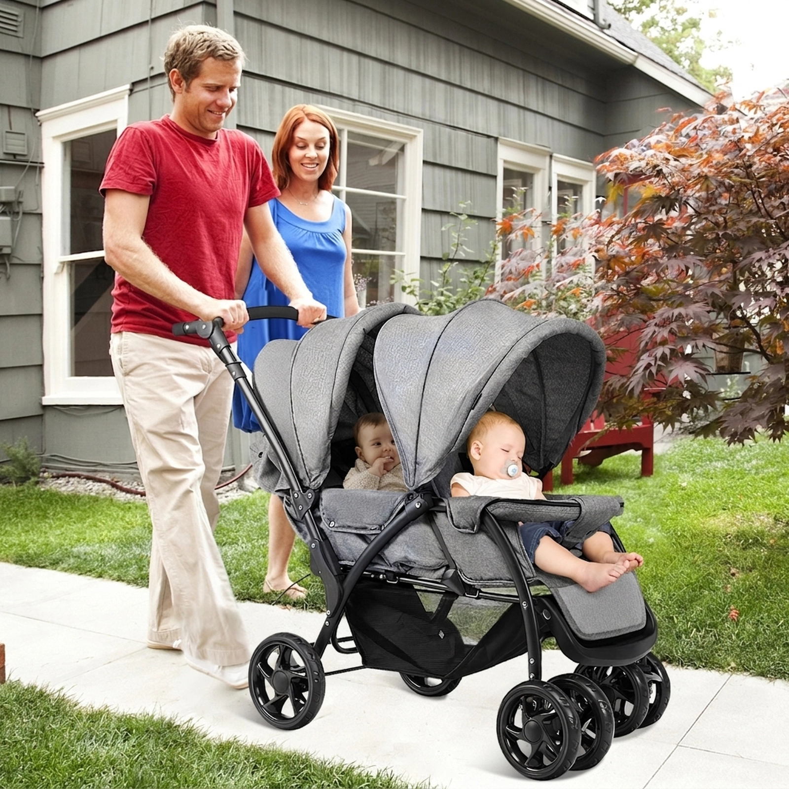SUGIFT Foldable Lightweight Front Back Double Baby Stroller 33-lb Capacity Per Seat Ages 6-36 Months Gray/Black