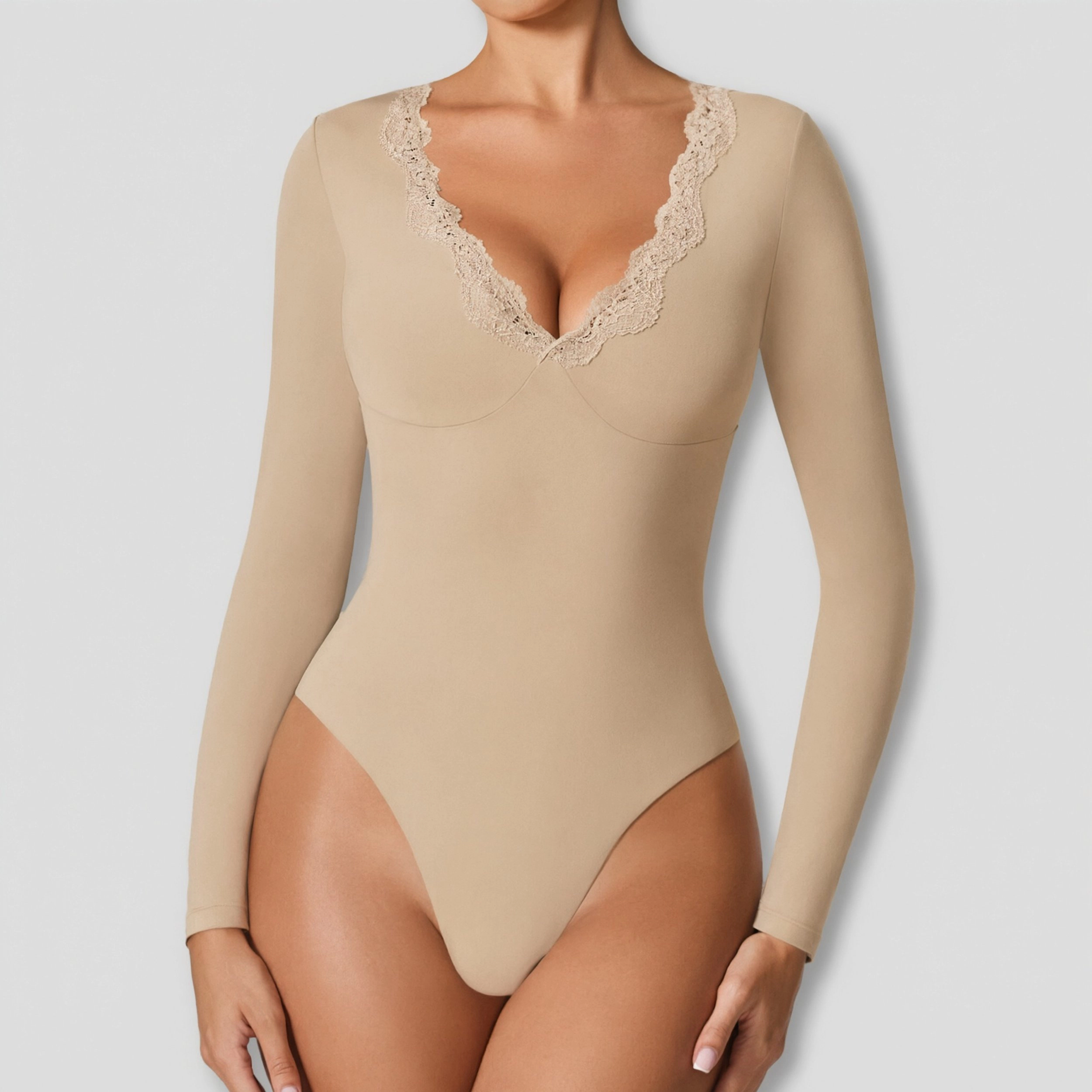 Avidlove Women's Scalloped Lace Trim V Neck Long Sleeve Double Lined Thong Bodysuit