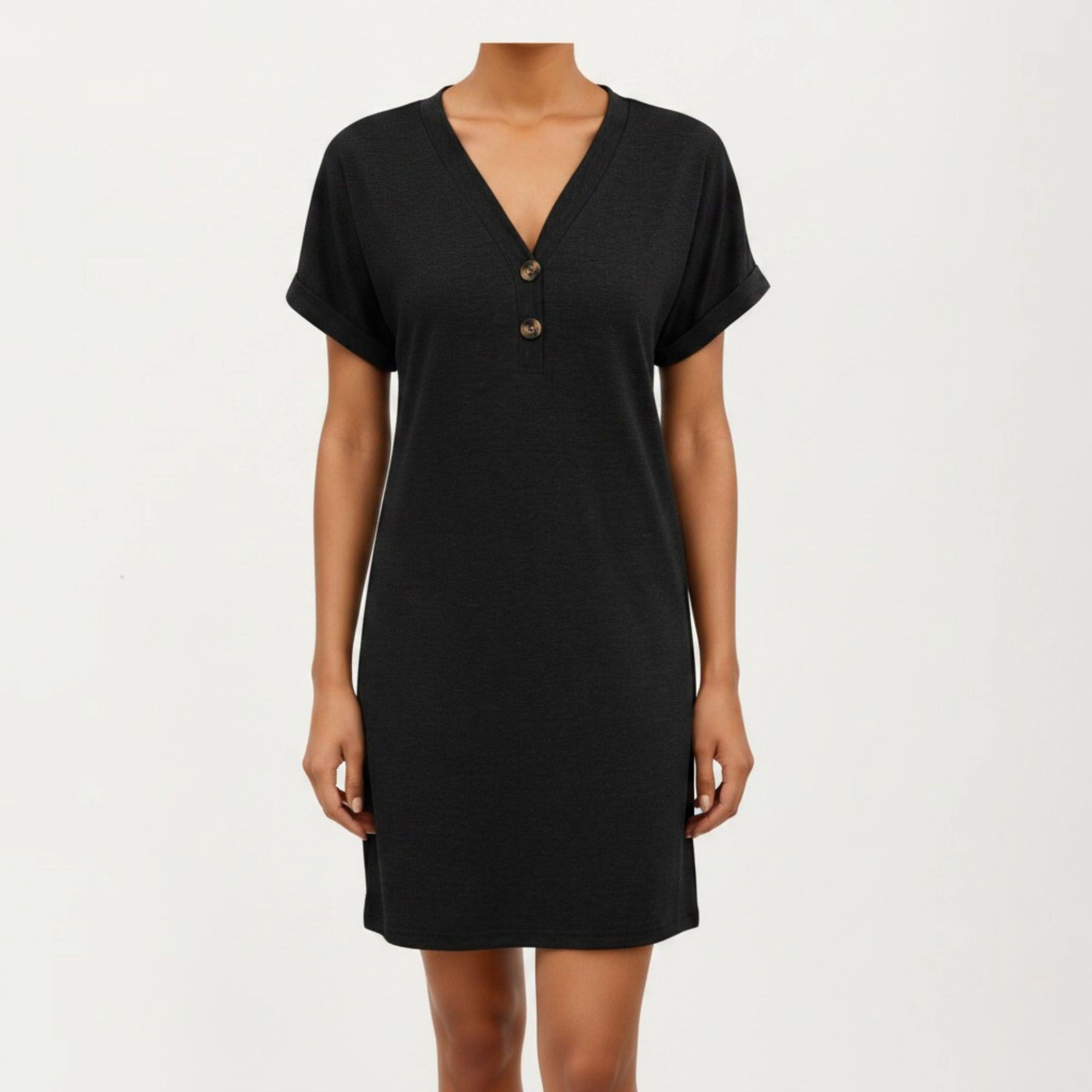 Anna-Kaci Women's Short Sleeve V Neck Button Detail Relaxed Fit Casual Tunic Shift Dress