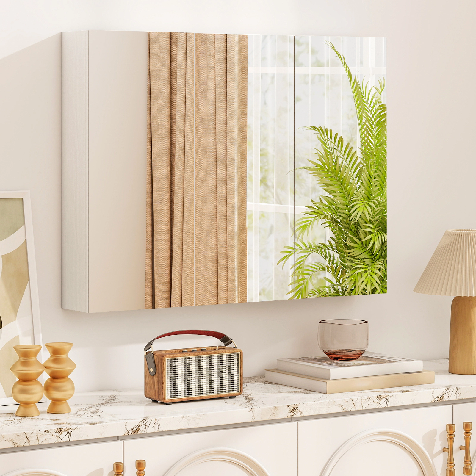 Slickblue Wall Mounted Bathroom Mirror Cabinet with 6 Storage Compartments White