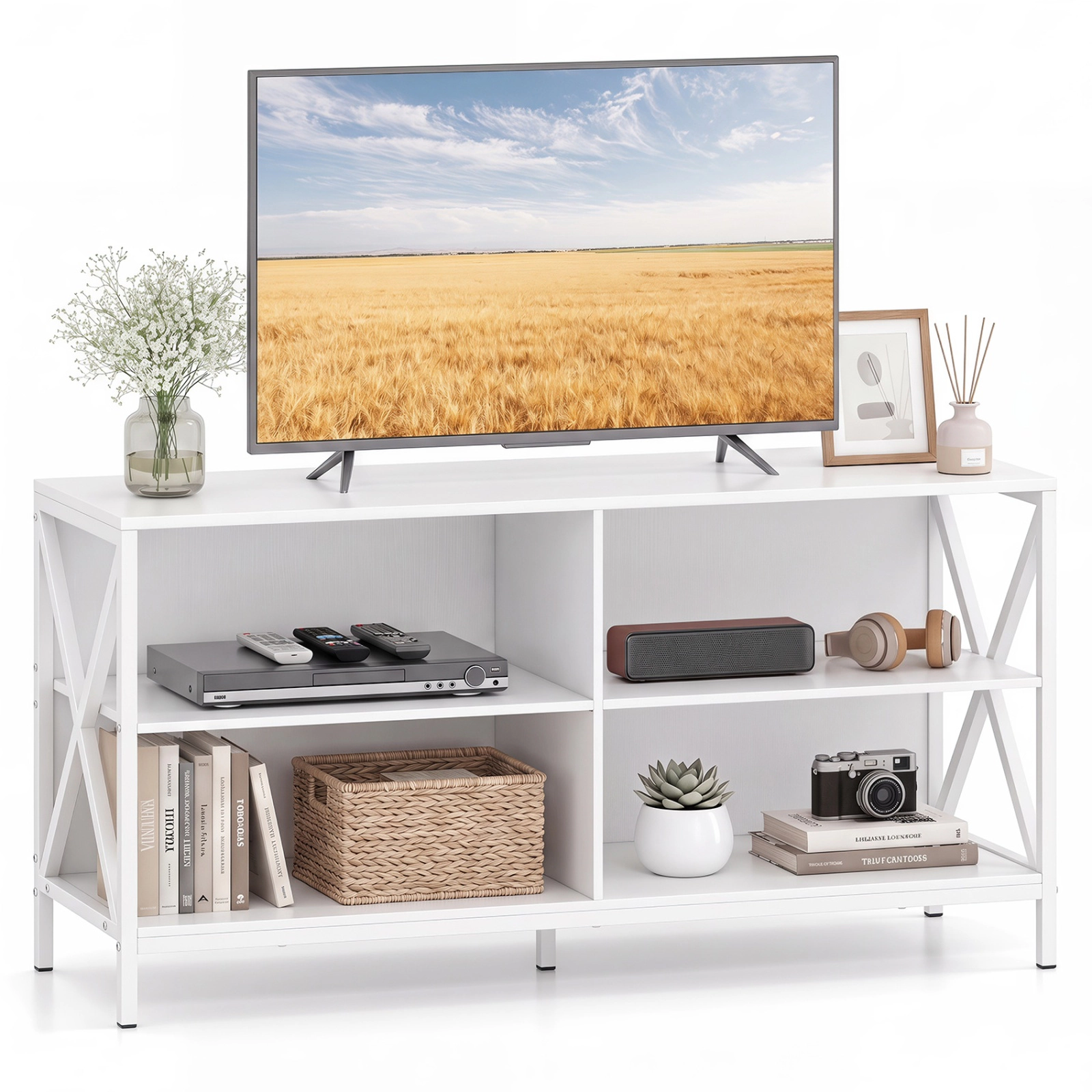 SUGIFT White TV Stand for TVs up to 55 in Wooden Entertainment Center with X-Shaped Frame
