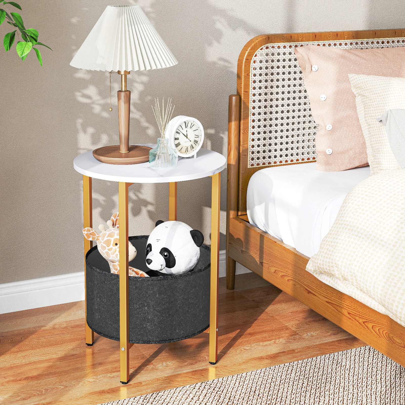 LJG Round End Table 2-Tier Side Table with Removable Fabric Basket and Metal Frame