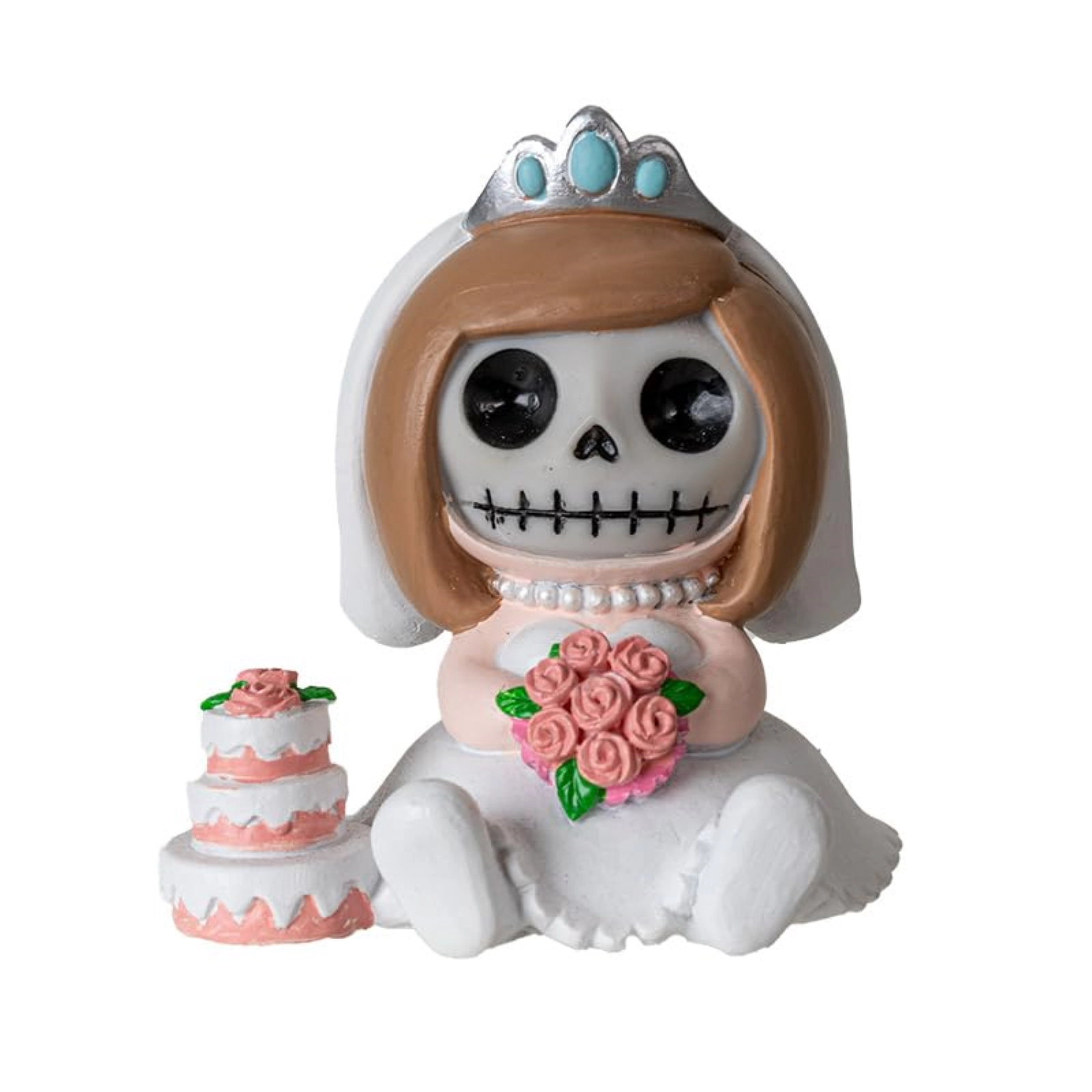 Pacific Giftware Mrs. Furrybones Figurine Skeleton Bride in Wedding Dress Holding Bouquet with Cake 3.15 Tall